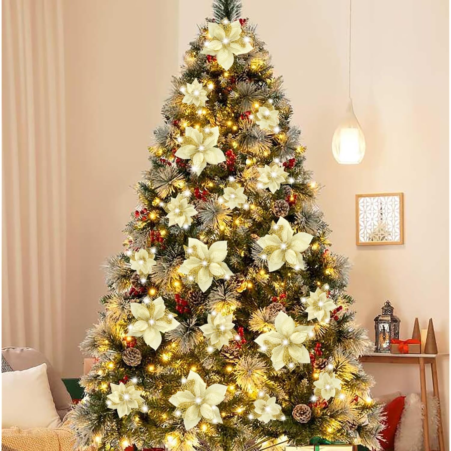 28Pcs Christmas Tree Decorations: Poinsettias Artificial Flowers Ornaments Xmas Gold Glitter Flower With Clips