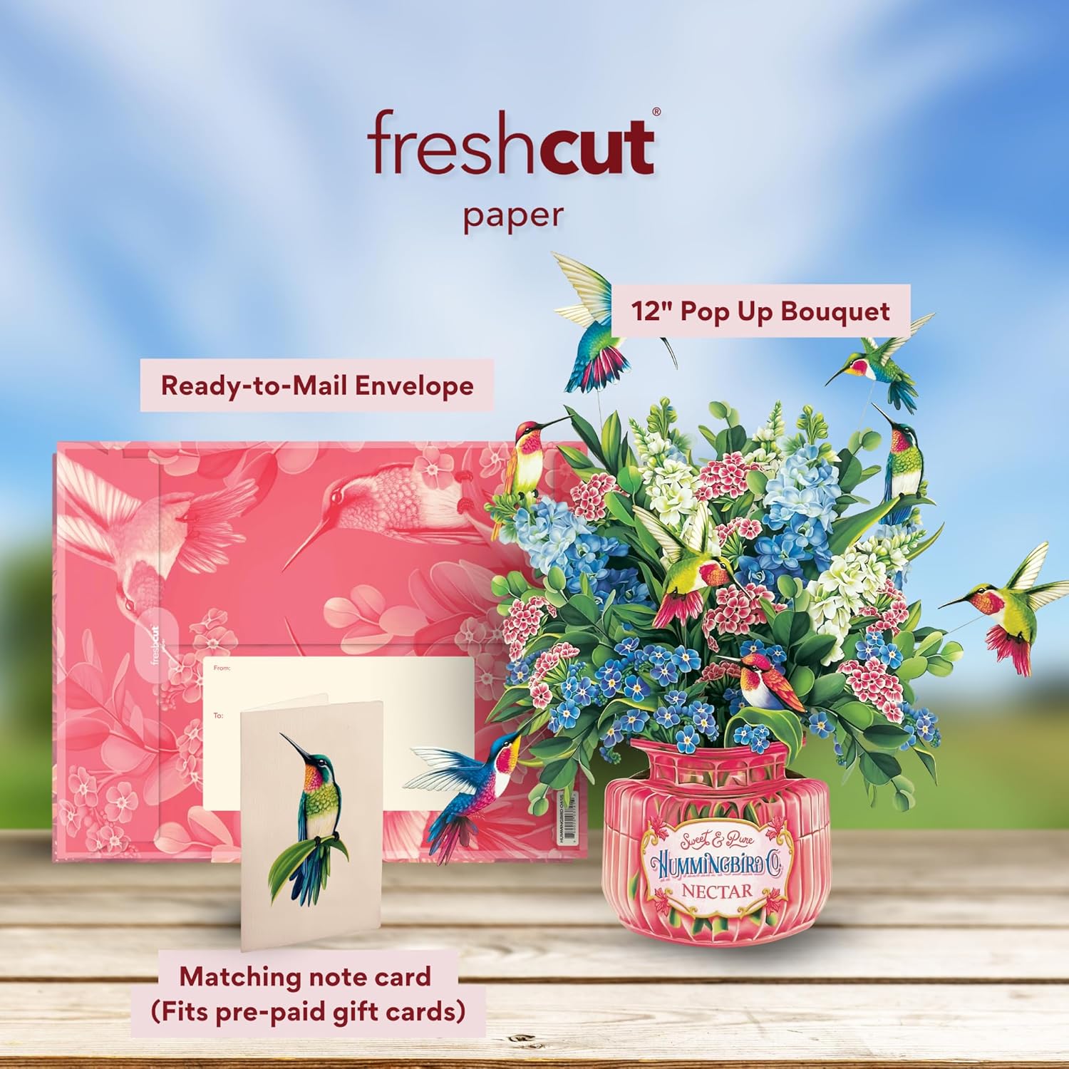 Pop Up Cards, Hummingbird Oasis, 12 Inch Life Sized Forever Flower Bouquet 3D Popup Greeting Card, Birthday Cards, Thank You Card, Blank Notecard & Envelope