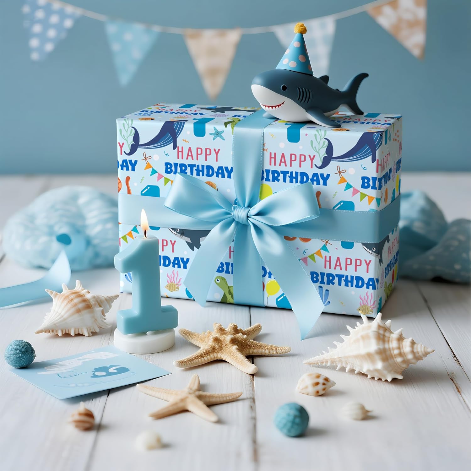 1St Birthday Wrapping Paper Roll For Baby Boys, Sea Animals Age1 Ocean Shark Turtle Seaweed Design Gift Wrap For Toddlers, First Birthday Party, Mini Roll 17 In X 16.4 Feet