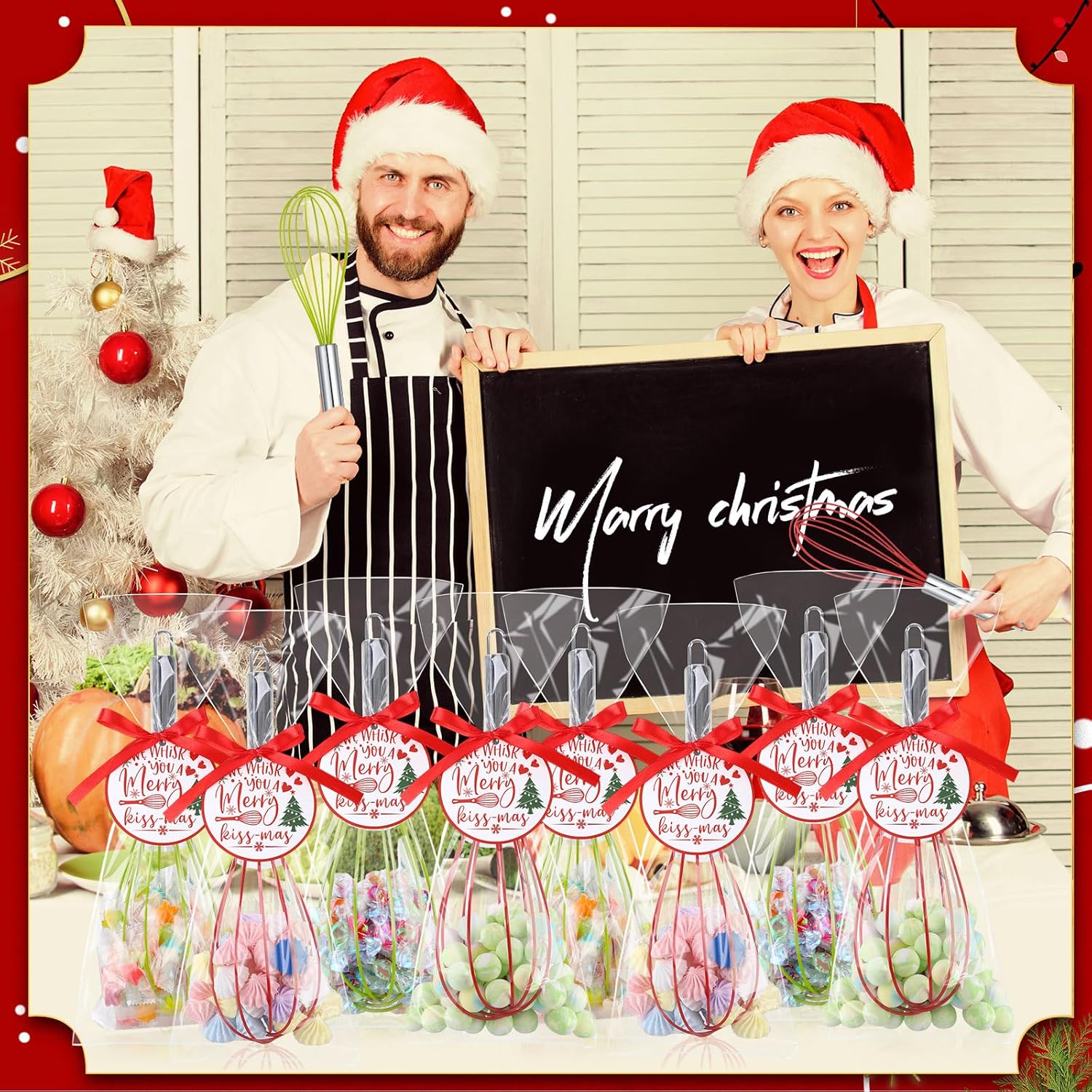 48 Sets 10 Inch Christmas Whisks Gifts Diy Fillable Christmas Tree Ornaments Xmas Colored Silicone Whisks For Cooking Heat Resistant Egg Beaters With Card Rope Bag For Candy Holder