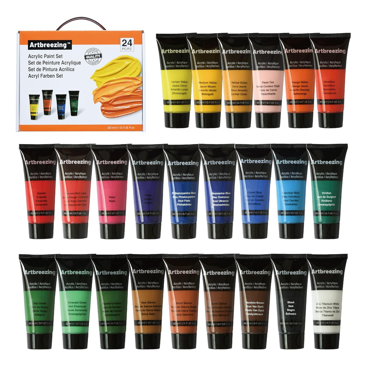 Acrylic Paint Set,24 Colors 0.74 Oz/22Ml Tubes,Highly Pigment Art Paints For Canvas,Wood,Fabric,Paper, Giftable Choice For Artists,Beginner To Pro (24 Colors)