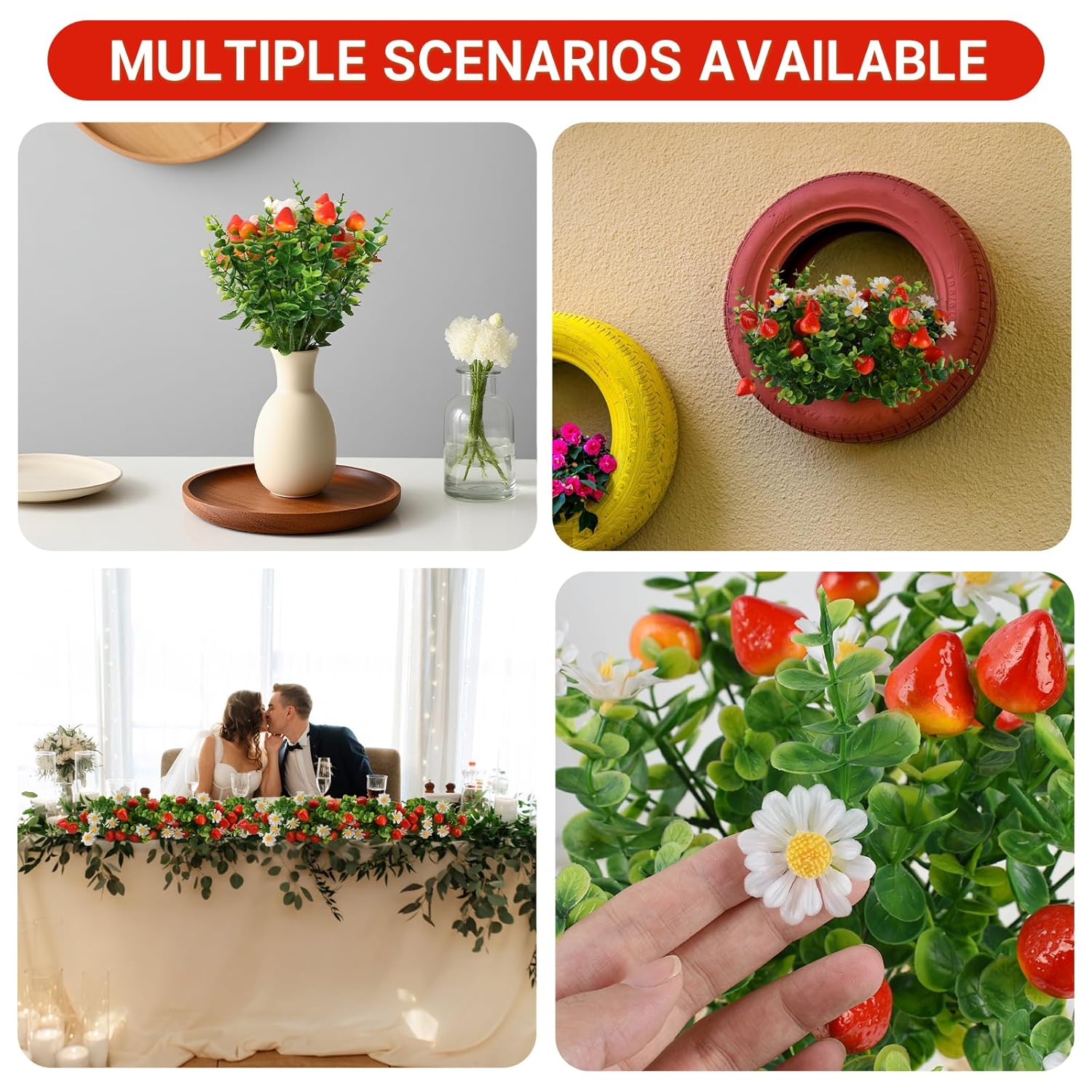 Artificial Strawberry Daisy Plants, 4 Pcs Fake Strawberries Berry For Wedding Party Table Centerpiece Home Kitchen Outdoor Decor