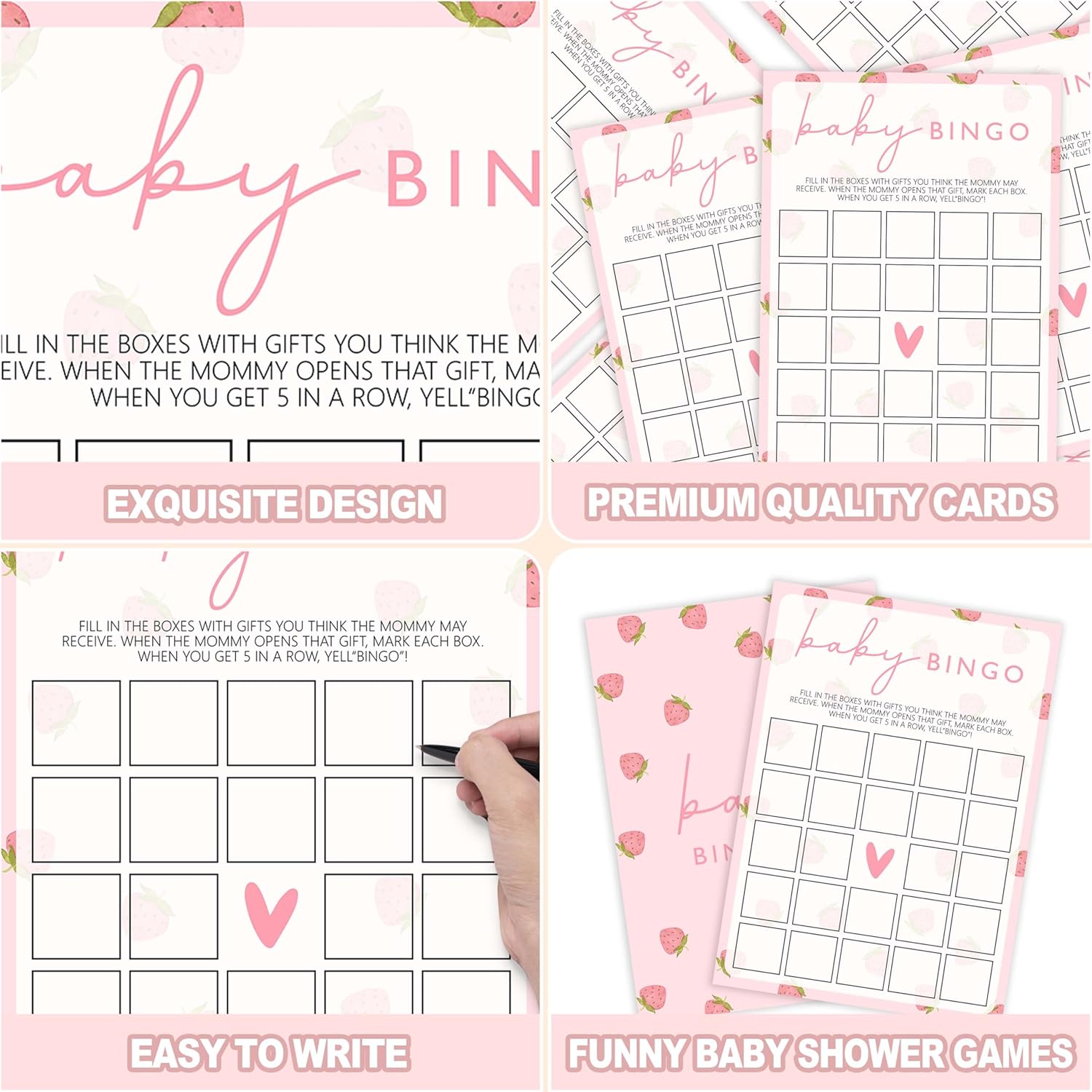 Baby Shower Games For Girl, Strawberry Baby Bingo Card, 25 Hilarious Double-Sided Games For Gender Reveal Party Decorations Supplies Announcement