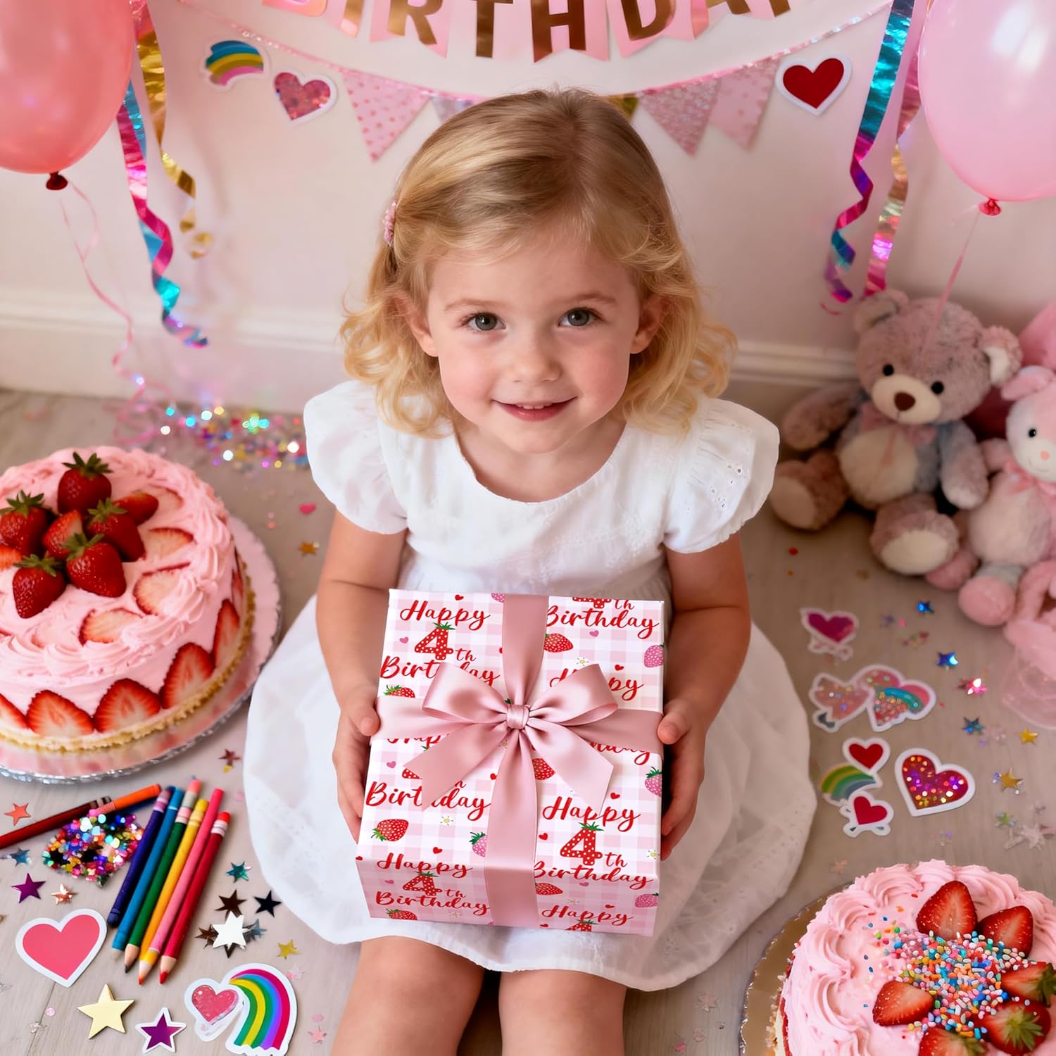 Happy 4Th Birthday Wrapping Paper Roll, Strawberry & Pink Gingham Gift Wrap For Girl’S Fourth Birthday Party, Toddler Age4 Decorations & Presents, Mini Roll 17 In X 16.4 Ft