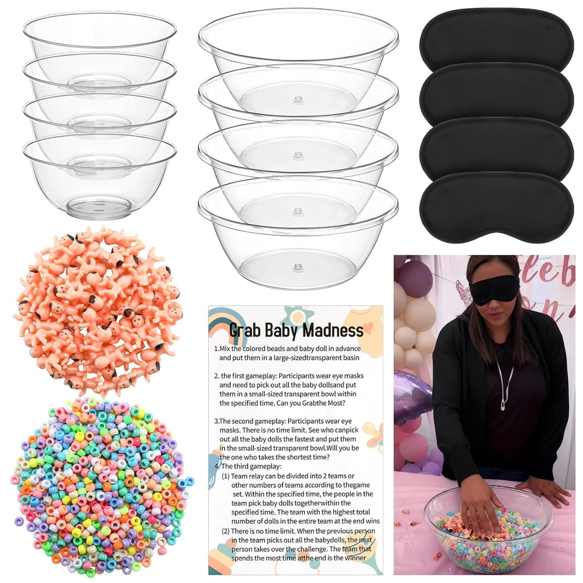 4 Sets 75 Pcs Baby Shower Games Funny Activities Include 8 Clear Basins Bowls 4 Blindfolds 60 Mini Babies 2 Light Color Mixed Beads And Card, Funniest Bridal Shower Game, Grab Baby Madness