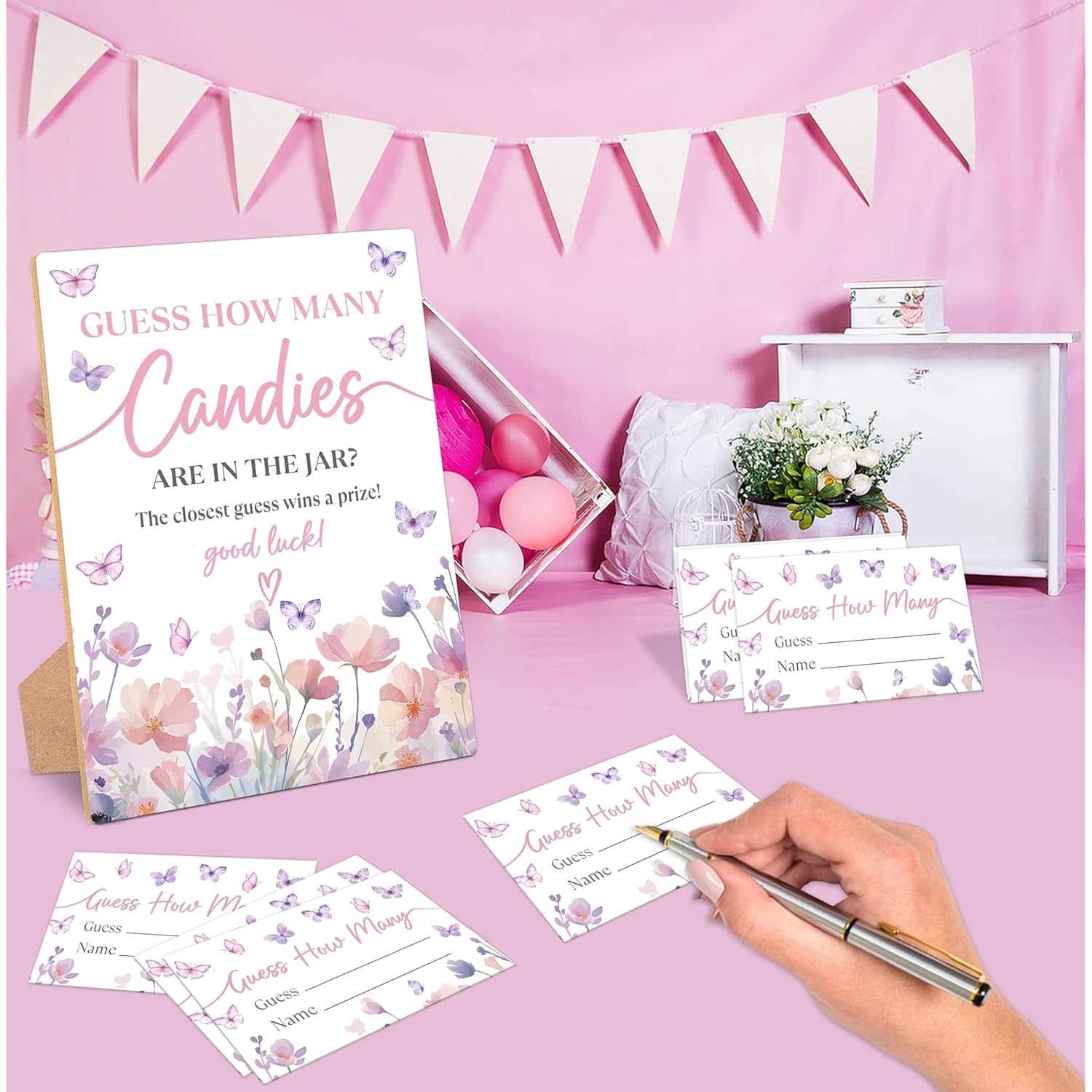 Butterfly Guess How Many Candies Are In The Jar Game, Pack Of 1 Wooden Tabletop Sign With Stand And 50 Guessing Cards, Purple Butterfly Baby Shower Game, Gender Reveal Party Decorations - Wv12