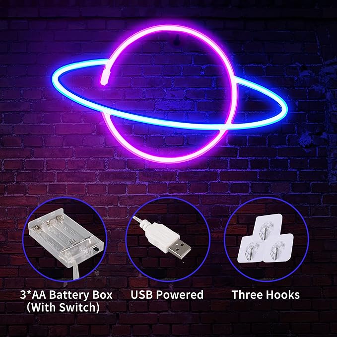 3 Pcs Space Themed LED Neon Signs USB Battery Powered Wall Decor for Kids Gaming Room