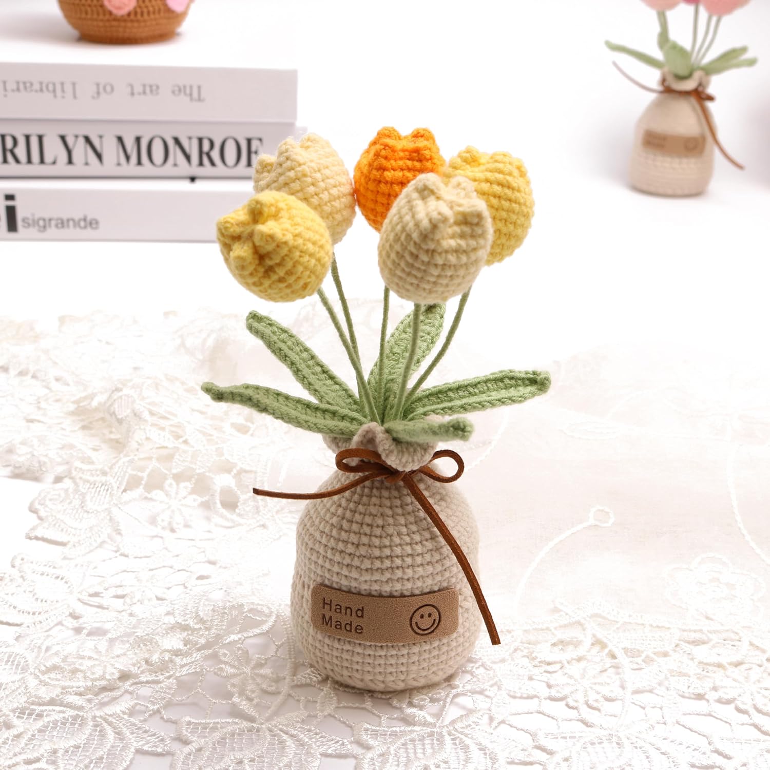 Handmade Tulips, Artificial Plant Crochet Flowers? Tulips Suitable For Home Room, Table, Office Ornaments And Birthday Gifts Suitable For Family And Friends Anniversary (5 Flowers-Yellow)