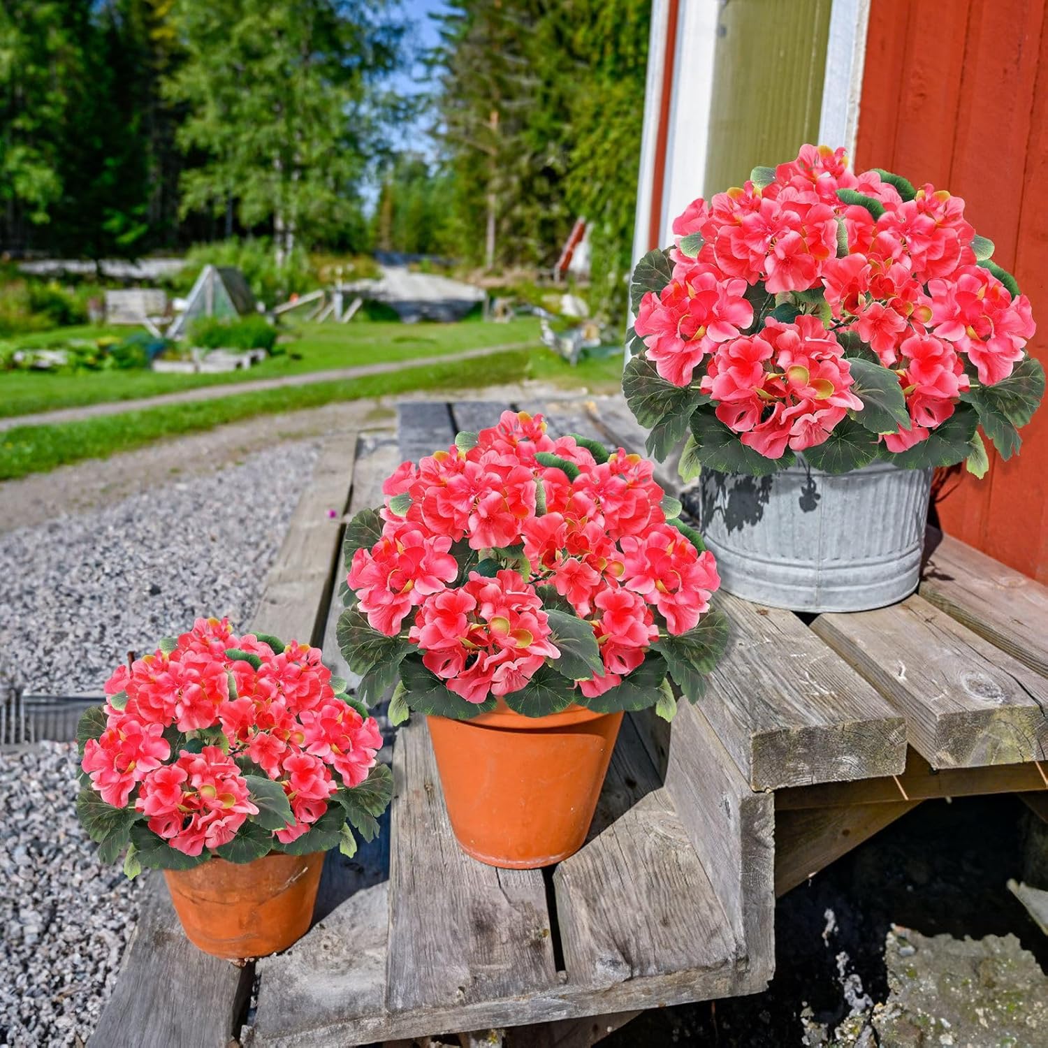 2 Pack Artificial Geraniums Fake Flowers For Outdoors Spring Summer Decor, Silk Geranium Flowers Potted Plants Uv Resistant Faux Plant For Gardens Farmhouse Indoor Home Table Decor (Rose Red)