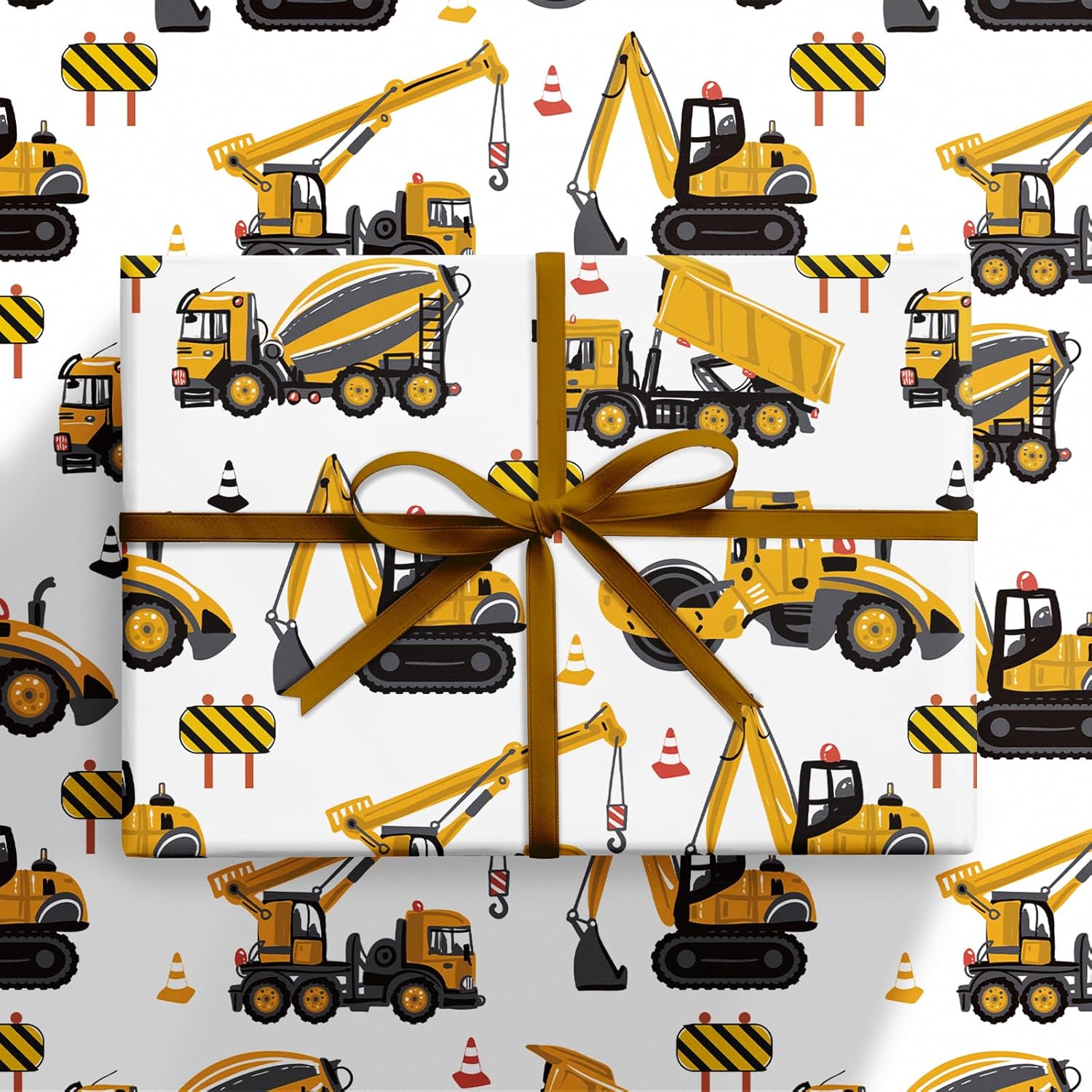 Construction Truck Wrapping Paper Roll For Boys, Mini Roll, Yellow Digger, Mixer, Crane Design Gift Wrap For Kids Birthday, Toddler Party, Vehicle Theme Party, 17 Inches X 16.4 Feet