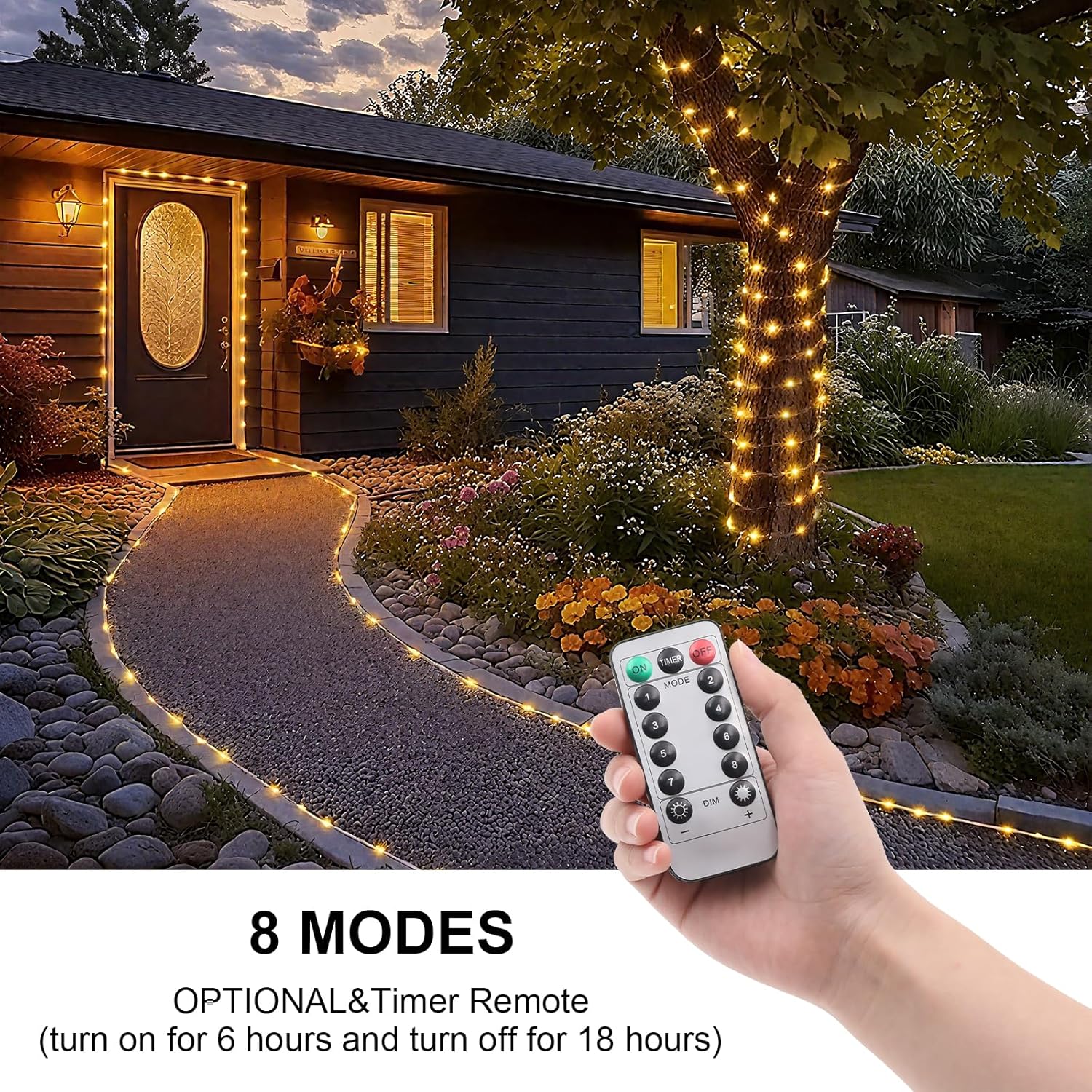 1 Pack Battery Powered String Lights Waterproof With Remote 33Ft 100Led Timer 8 Modes Battery Operated Outdoor Lights For Christmas Decor Trampoline Camping Tents, Warm White