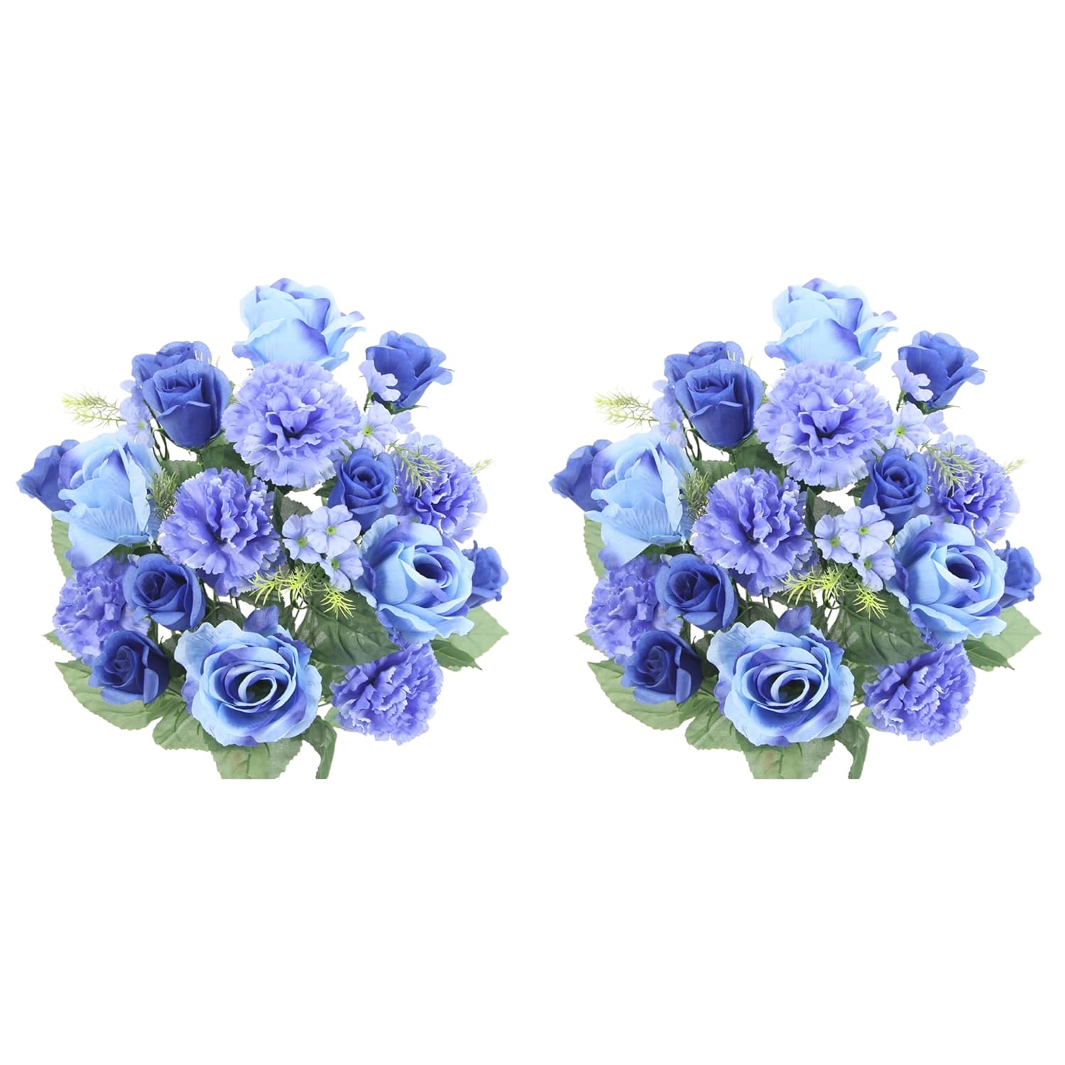 2 Pcs 24 Stem Artificial Flowers Roses Carnation Mixed Bush Spring Faux Flower Indoor Wedding Home Decor, Cemetery Decorations For Grave, Blue