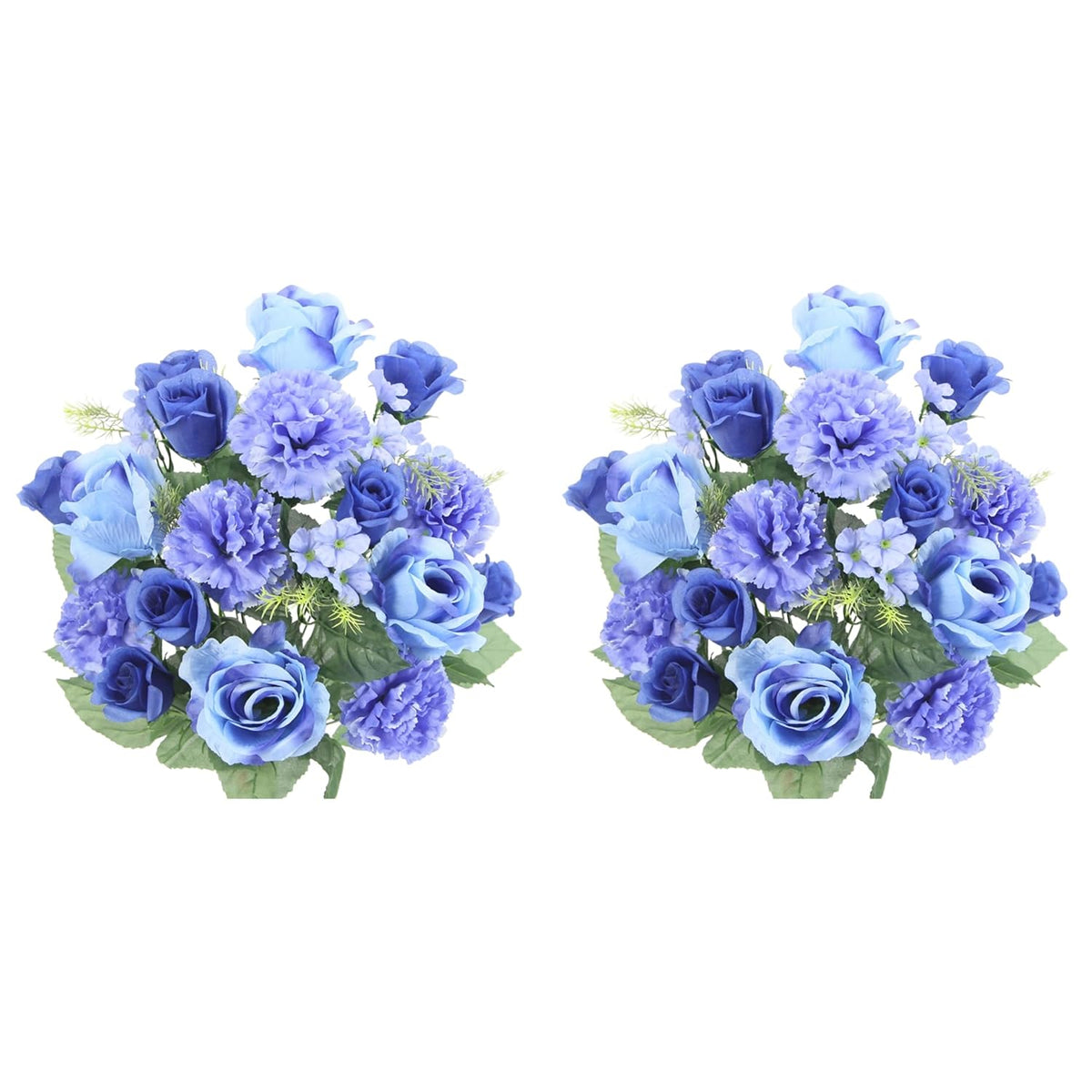 2 Pcs 24 Stem Artificial Flowers Roses Carnation Mixed Bush Spring Faux Flower Indoor Wedding Home Decor, Cemetery Decorations For Grave, Blue