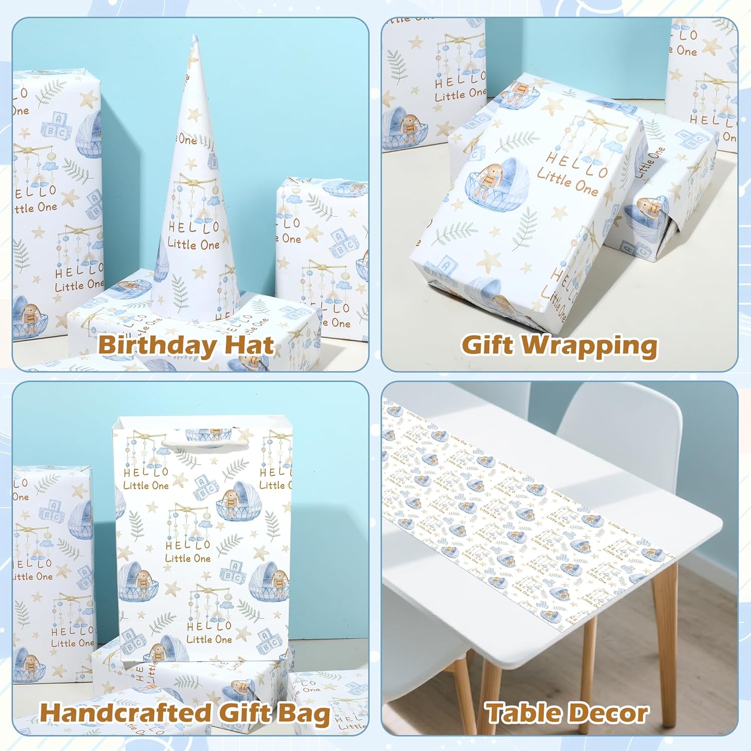 Bunny Baby Shower Wrapping Paper Roll For Girl Boy, Hello Little One Design Gift Wrap Paper, Cute Rabbit Gift Packing Paper Art Paper For Baby Shower Newborn Birthday Party, 17Inch X 16.5Feet