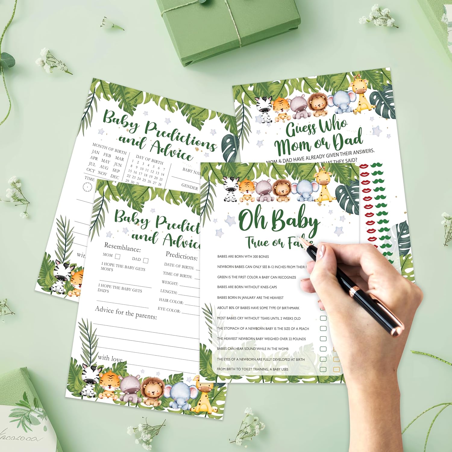 Safari Animals Baby Shower Games Card Set, Includes Babyshower Feud, True Or False, Baby Predictions And Advice, Find Who Mom Or Dad, Babies Shower Gender Reveal Decoration Favors, Set Of 50 -02