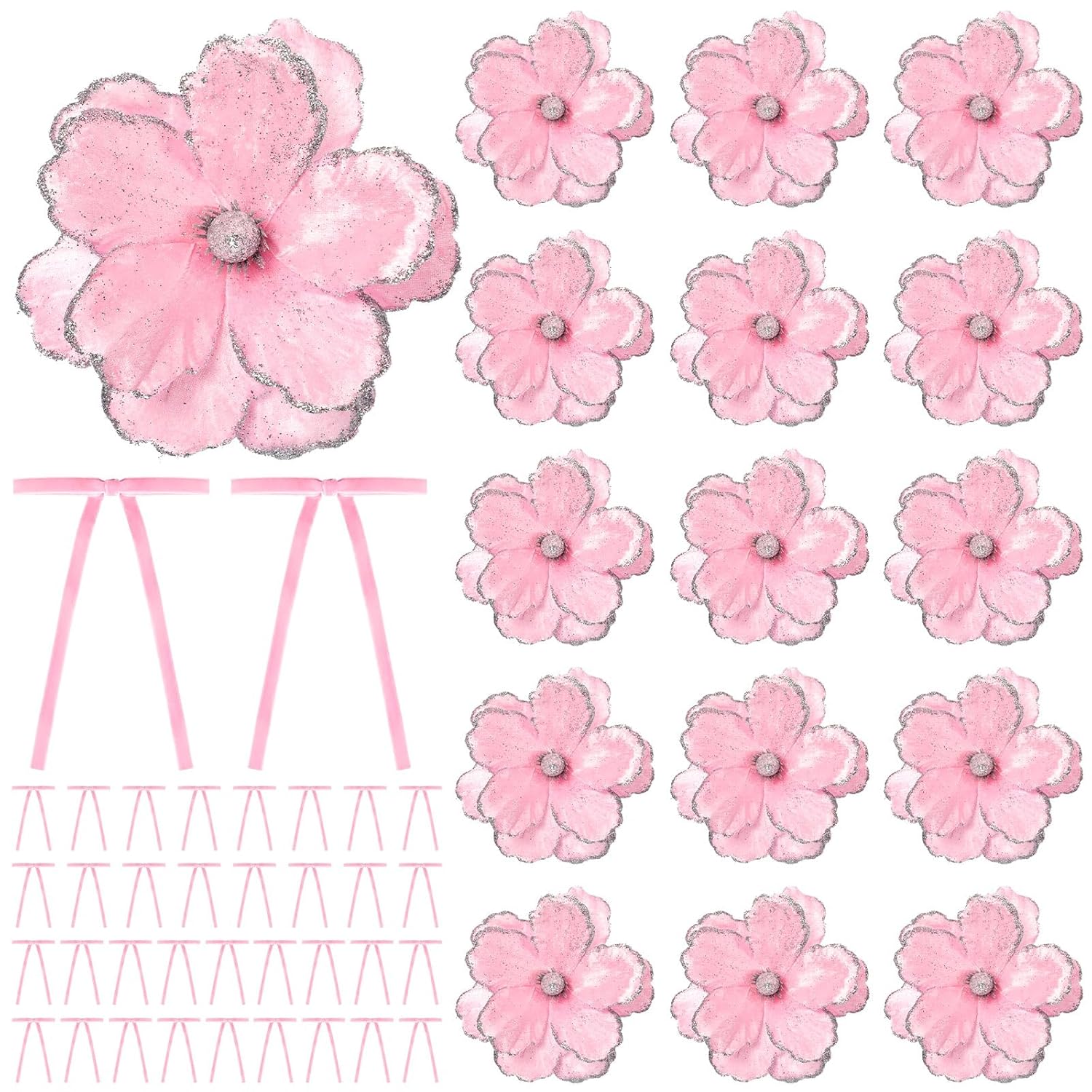 52 Pcs Large Christmas Magnolia Flowers And Velvet Bows For Christmas Tree Ornaments 10 Inch Artificial Glitter Poinsettia Floral Picks Stems For Xmas Tree Wreath Fireplace Garland(Pink)