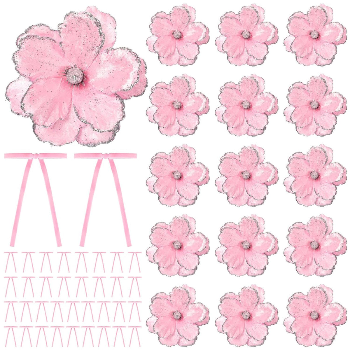 52 Pcs Large Christmas Magnolia Flowers And Velvet Bows For Christmas Tree Ornaments 10 Inch Artificial Glitter Poinsettia Floral Picks Stems For Xmas Tree Wreath Fireplace Garland(Pink)