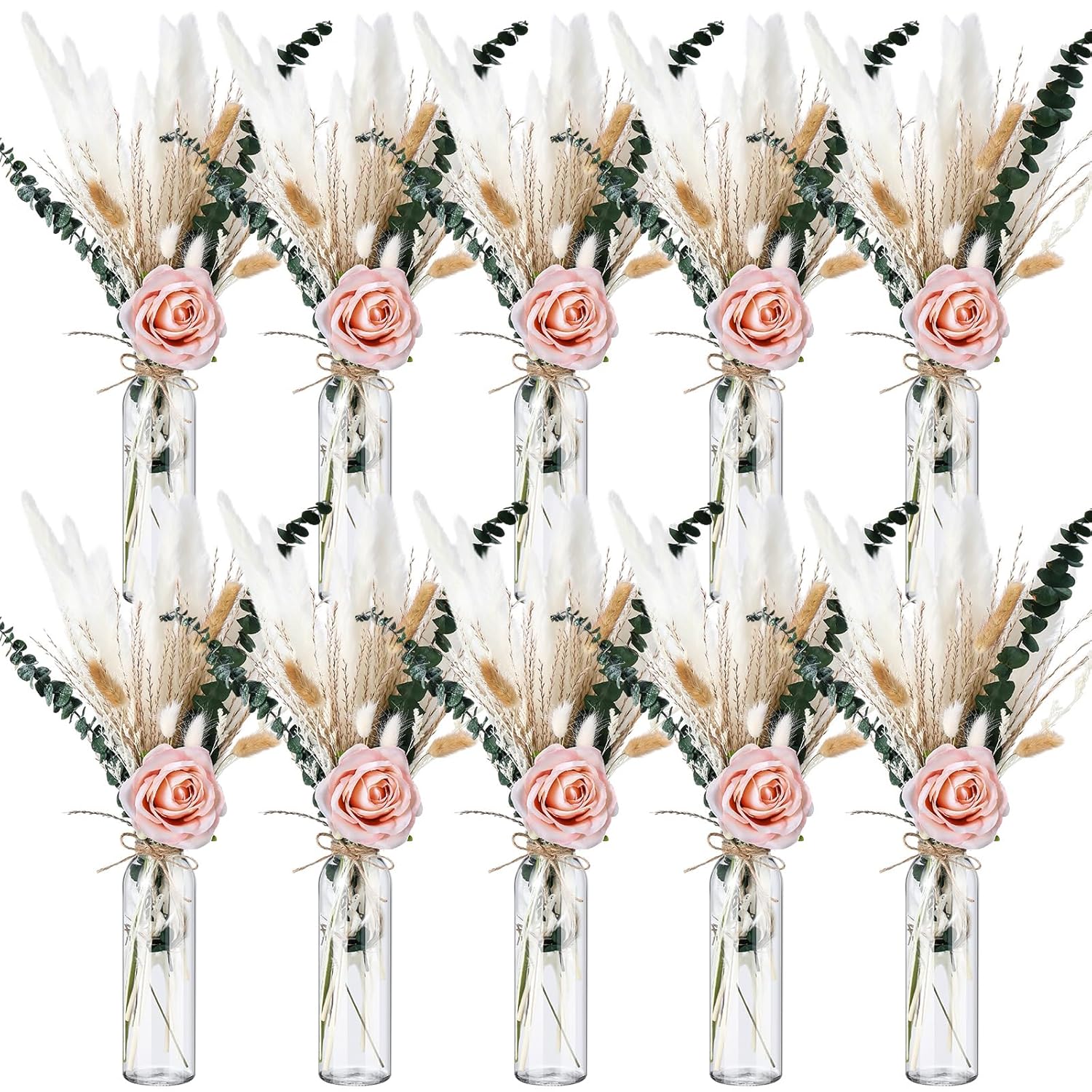 10 Set Dried Pampas Grass Centerpiece For Wedding Baby Shower Party 10 Glass Flower Jars 10 Artificial Roses 80 Dried Pampas Grass With Rope For Rustic Bridal Farmhouse Decoration(Pink)