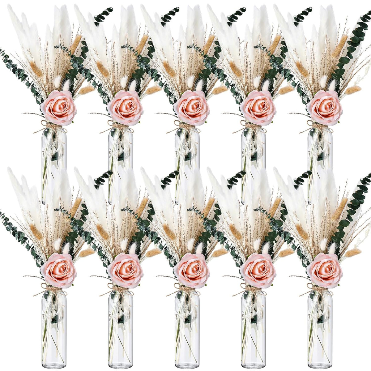 10 Set Dried Pampas Grass Centerpiece For Wedding Baby Shower Party 10 Glass Flower Jars 10 Artificial Roses 80 Dried Pampas Grass With Rope For Rustic Bridal Farmhouse Decoration(Pink)