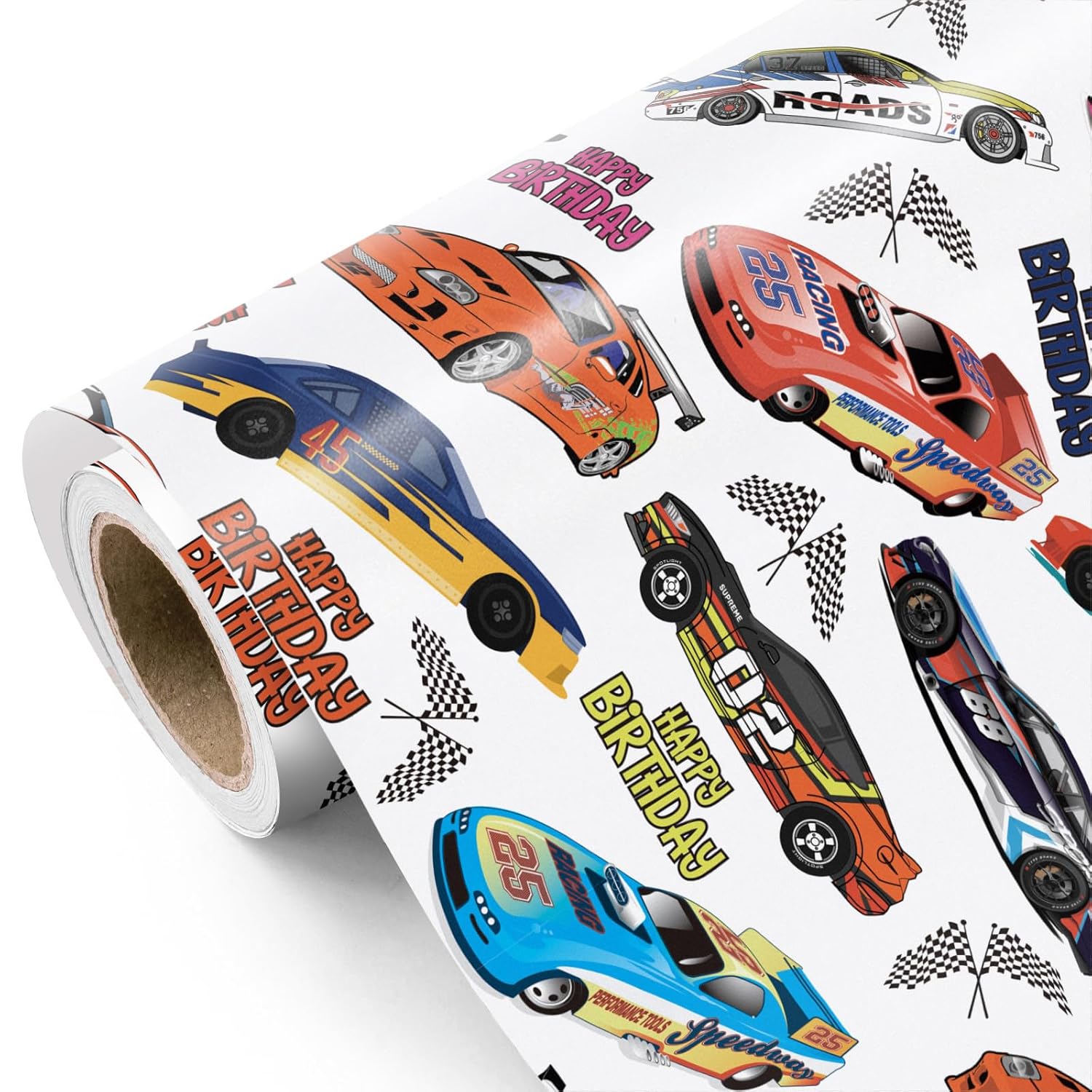 Racing Car Wrapping Paper Roll - Mini Roll - 17 Inch X 16.5 Feet - Happy Birthday Car Wrapping Paperfor Kids Boys Birthday, Baby Shower