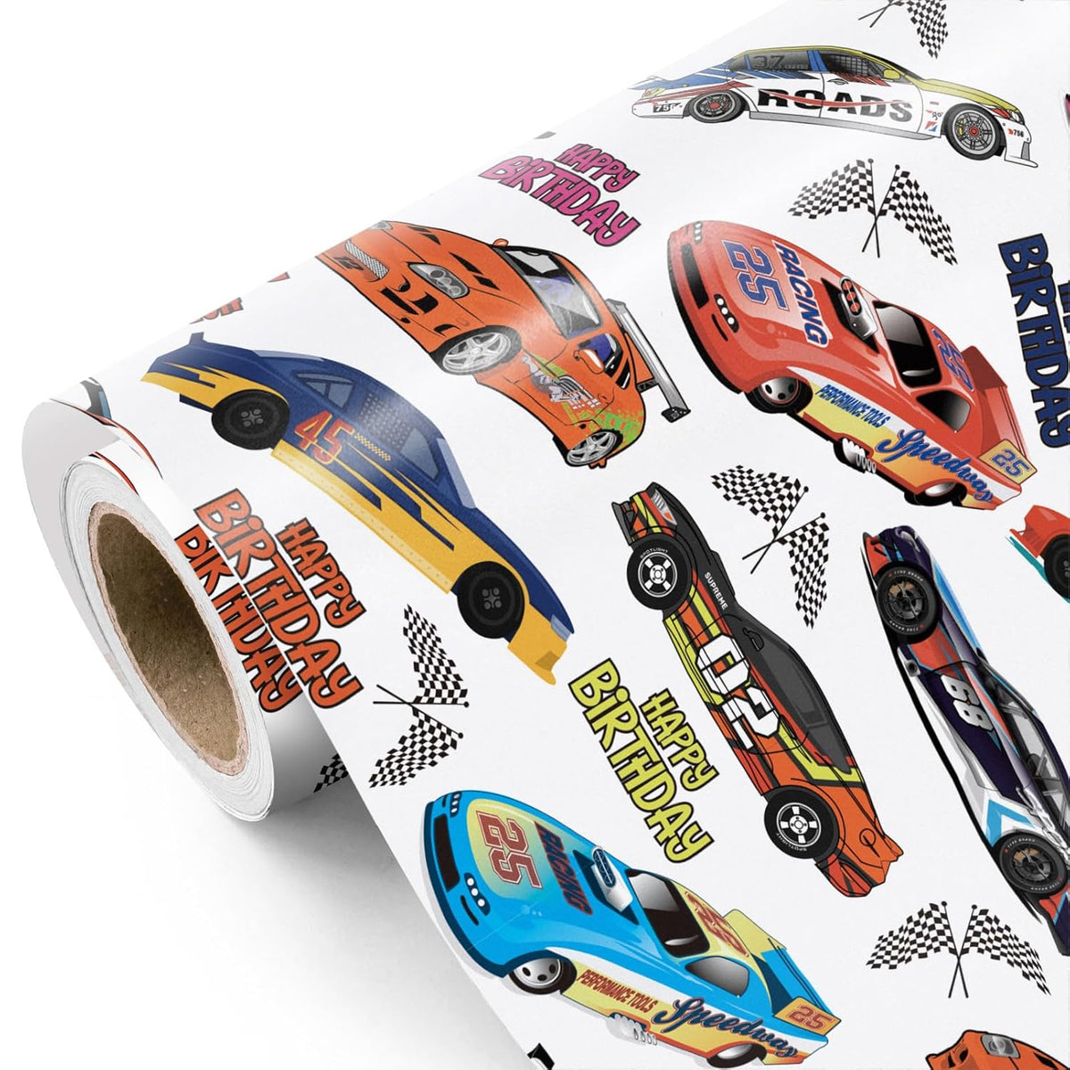 Racing Car Wrapping Paper Roll - Mini Roll - 17 Inch X 16.5 Feet - Happy Birthday Car Wrapping Paperfor Kids Boys Birthday, Baby Shower