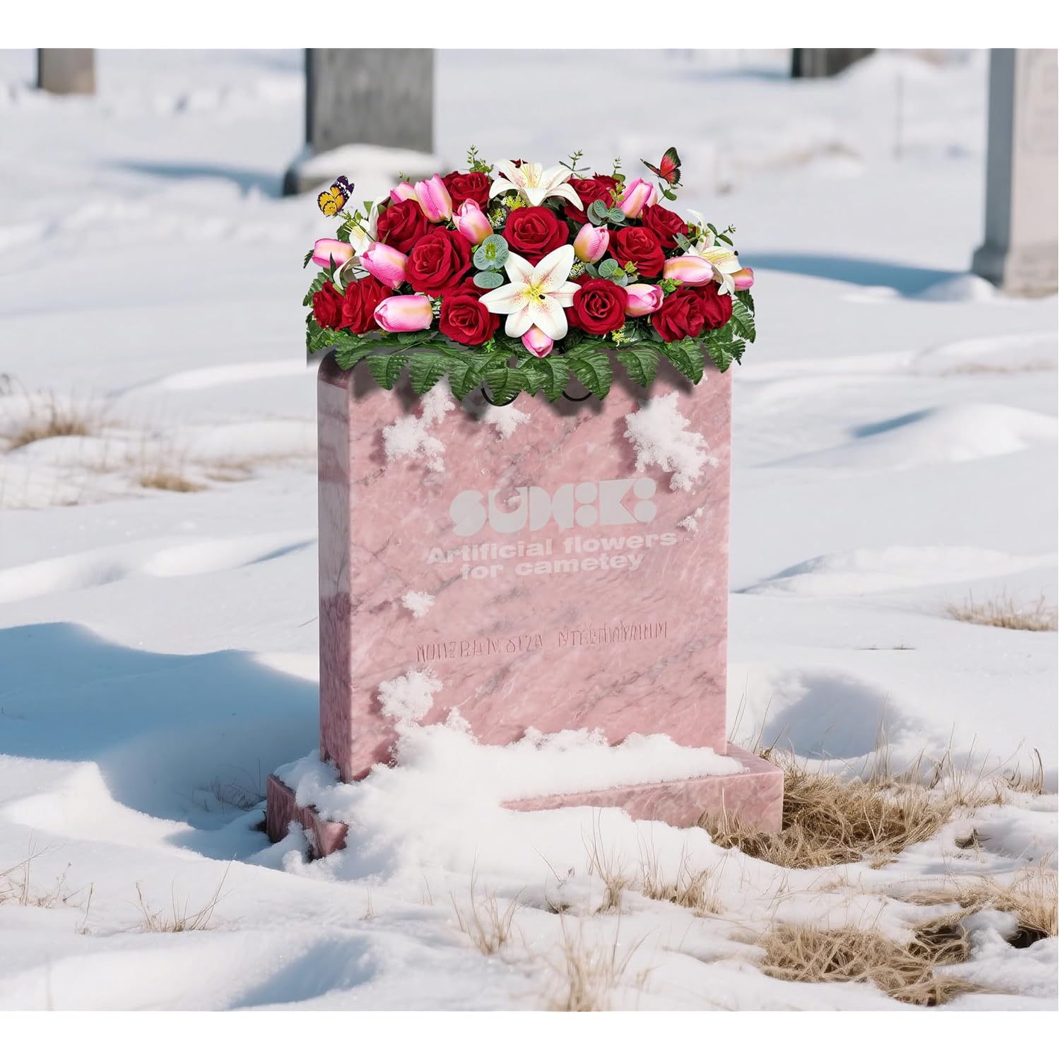 Artificial Cemetery Flowers - Headstone Flower Saddle?Non-Bleed Colors, And Easy Fit - Pink Tulip?White Lily And Red Rose Bouquet