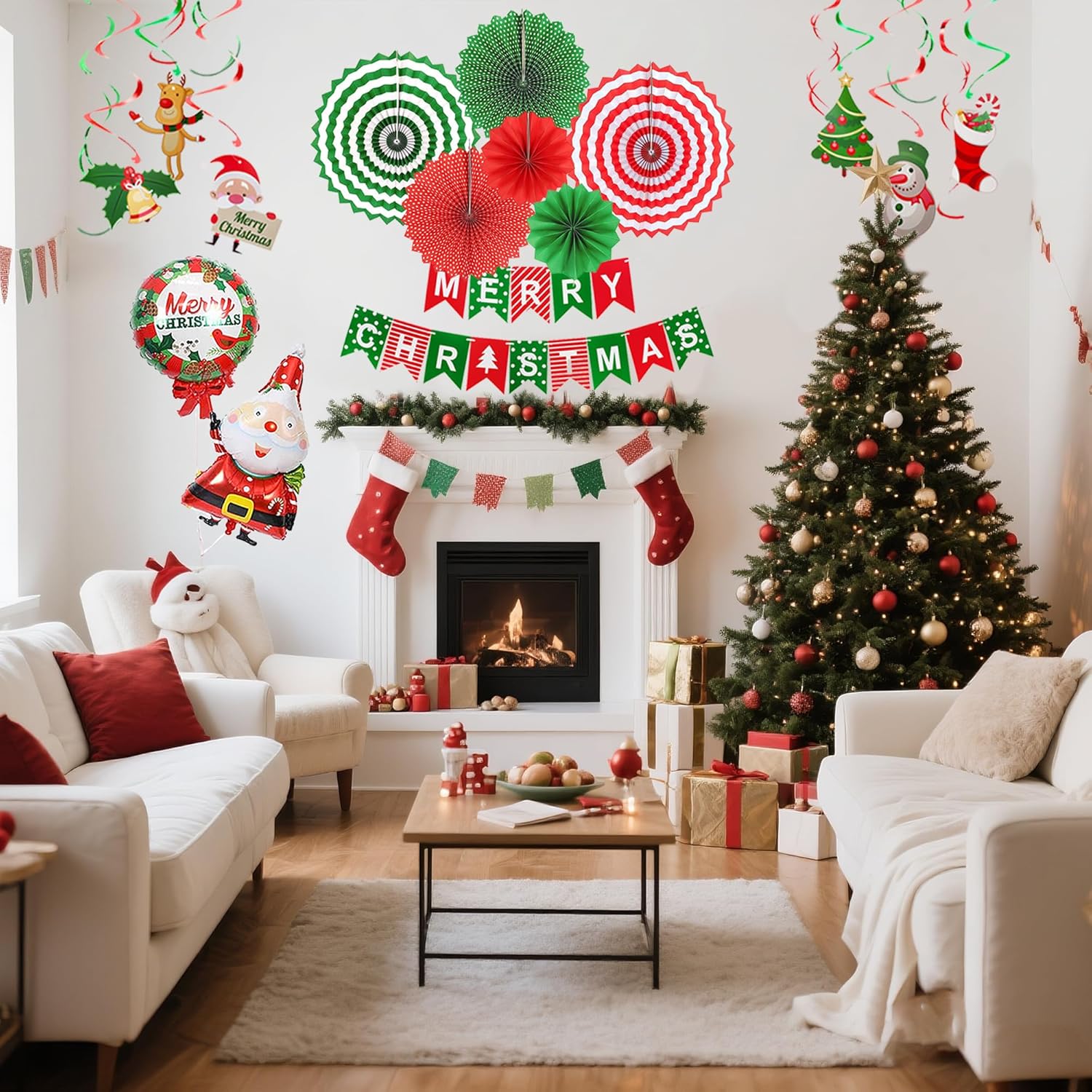 Christmas Party Decorations, Merry Christmas Decorations Supplies Include Banner, Hanging Swirls, Paper Fans, Balloon, Photo Booth Props, Confetti, For Holiday Xmas Indoor Outdoor