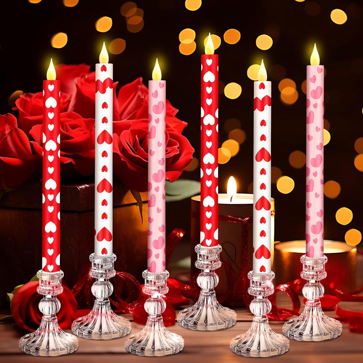 6 Pcs Valentine Day Flameless Taper Candles 10.6 Inch Heart Shaped Candles Battery Operated Led Candlesticks For Valentine Wedding Anniversary Dinner Table Home Party Decor