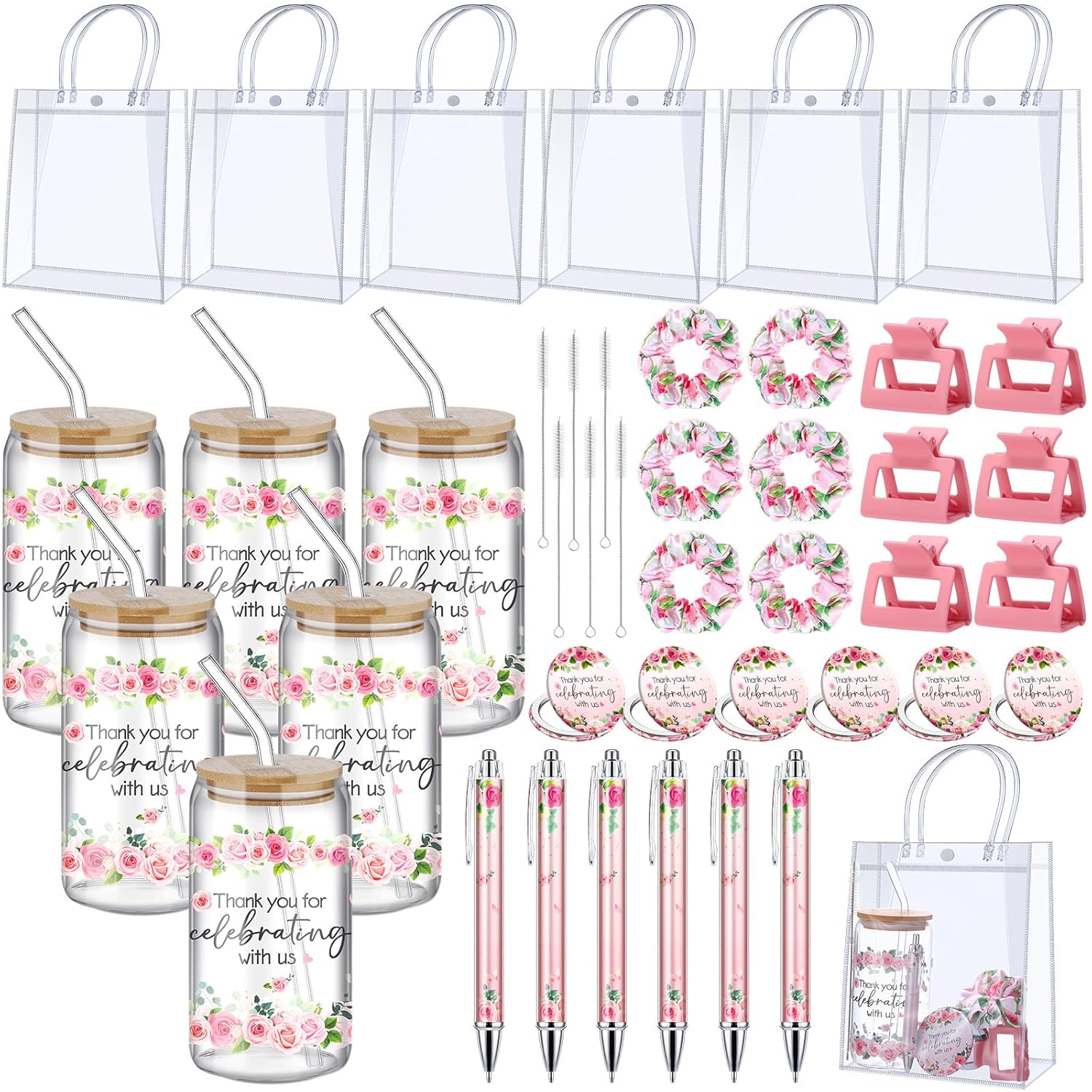6 Set Baby Shower Game Prizes For Player Winners Tumblers With Lids Straws Mirrors Hair Scrunchies Pens Hair Clips Gift Bags For Baby Bridal Shower Wedding Game Favors(Pink Flower)