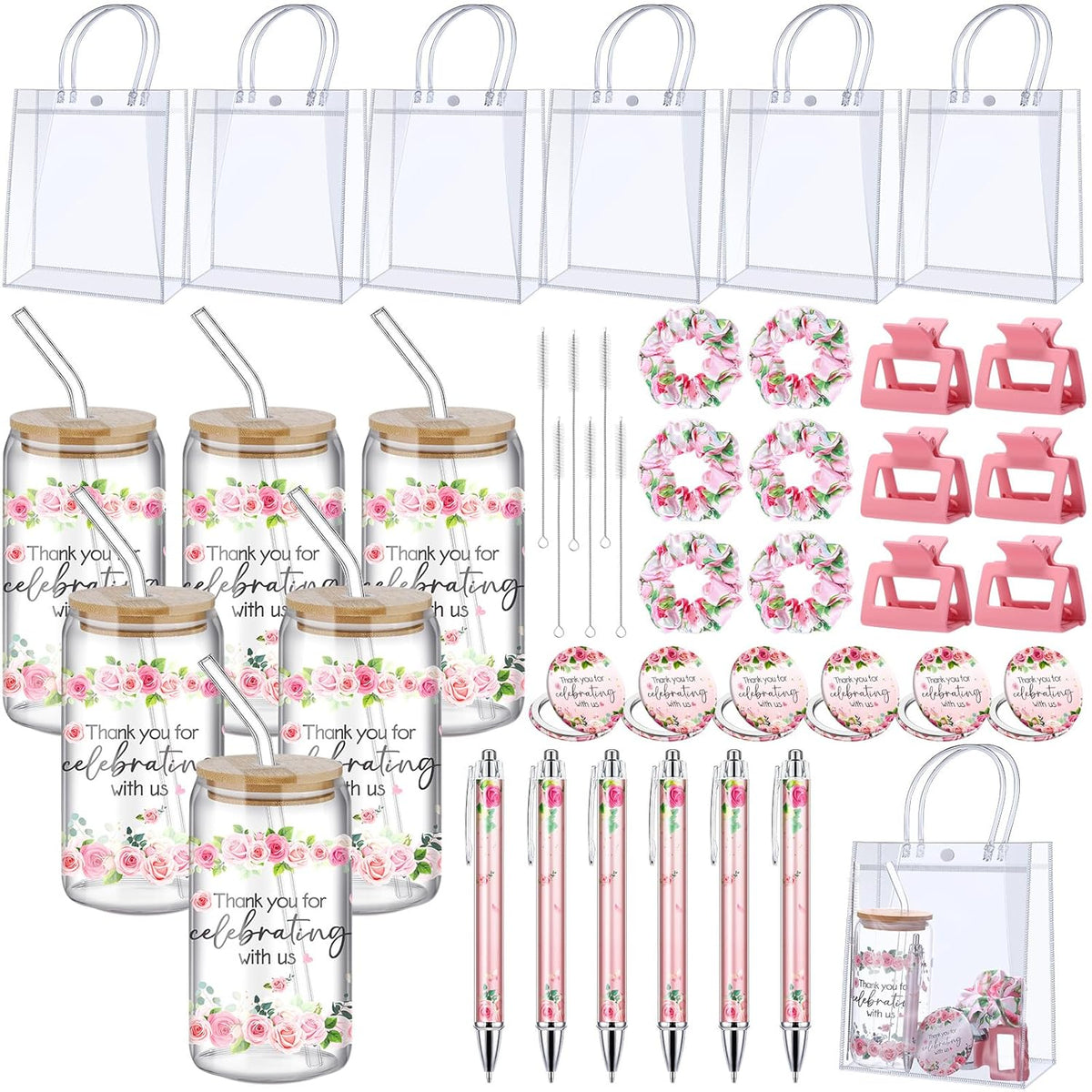 6 Set Baby Shower Game Prizes For Player Winners Tumblers With Lids Straws Mirrors Hair Scrunchies Pens Hair Clips Gift Bags For Baby Bridal Shower Wedding Game Favors(Pink Flower)