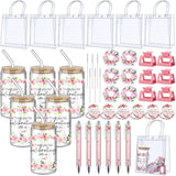 6 Set Baby Shower Game Prizes For Player Winners Tumblers With Lids Straws Mirrors Hair Scrunchies Pens Hair Clips Gift Bags For Baby Bridal Shower Wedding Game Favors(Pink Flower)