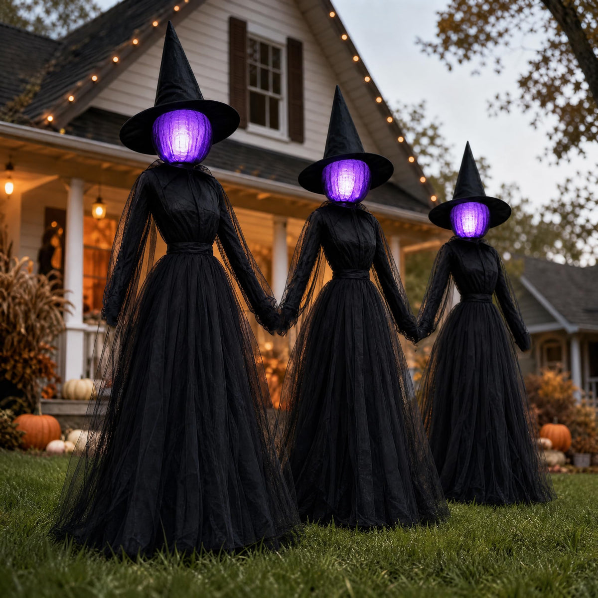 Halloween Witch Decorations Outdoor, 6 FT Set of 3 Light Up Head Holding Hands Witch with Stakes, Waterproof Witch Decor for Garden Yard Lawn Haunted House Decor