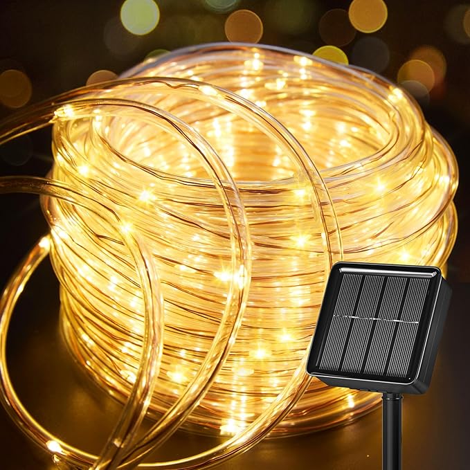 39FT 100 LED Solar Rope Lights Outdoor Waterproof Warm White Solar String Lights with 8 Lighting Modes for Garden Patio Pool Backyard Tree Party Decor