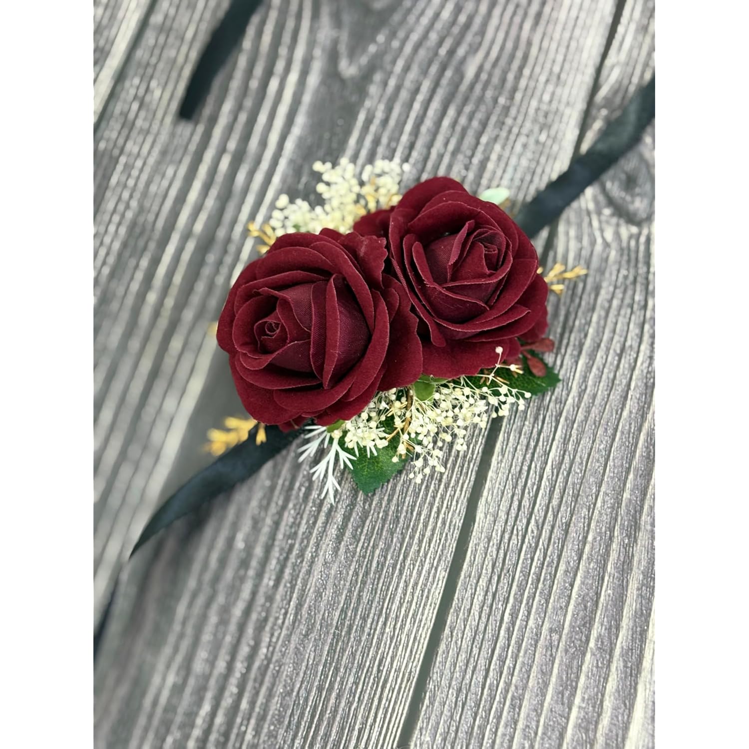 Burgundy Rose Corsage And Boutonniere Set With Baby'S Breath For Wedding Flower Accessories Prom Suit Decorations