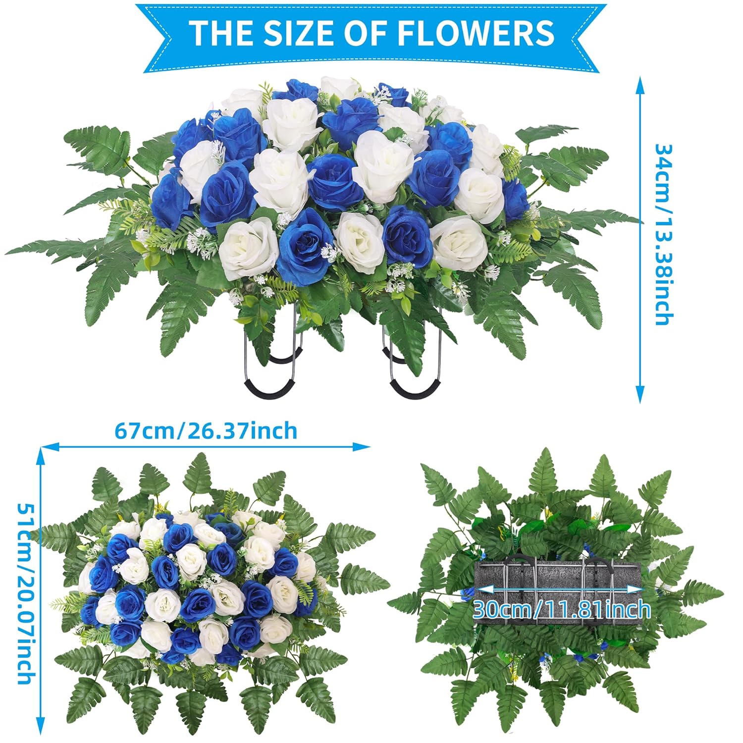 Cemetery Headstone Flower Saddle,Artificial Cemetery Flower Saddles For Graves,Artificial Rose Cemetery Memorial Flowers For Outdoor Tombstone Headstone Decorations (Dark Blue)