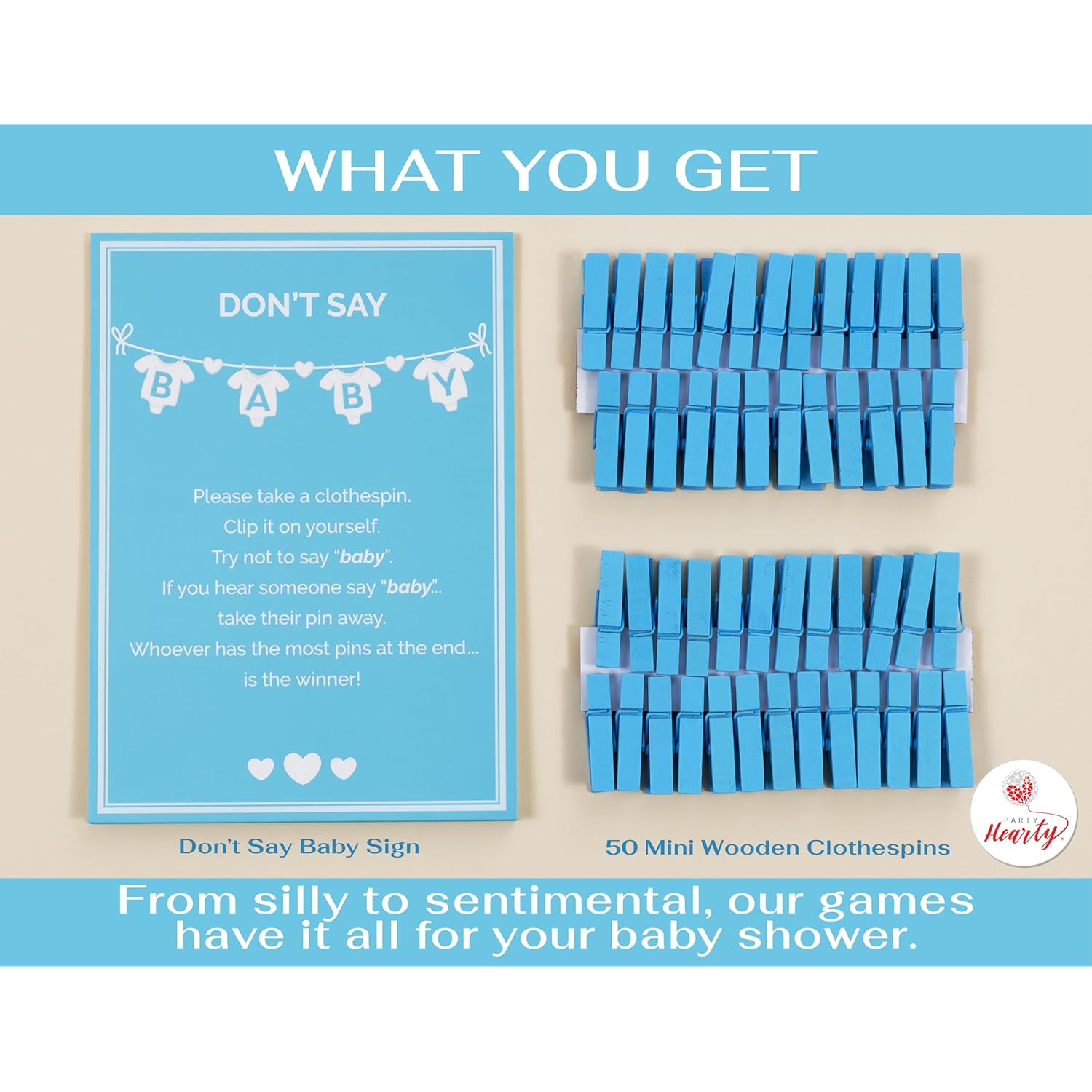 Baby Shower Games For Boy, Don'T Say Baby Game,1 Sign And 50 Mini Blue Clothespins, Shower Game Ideas