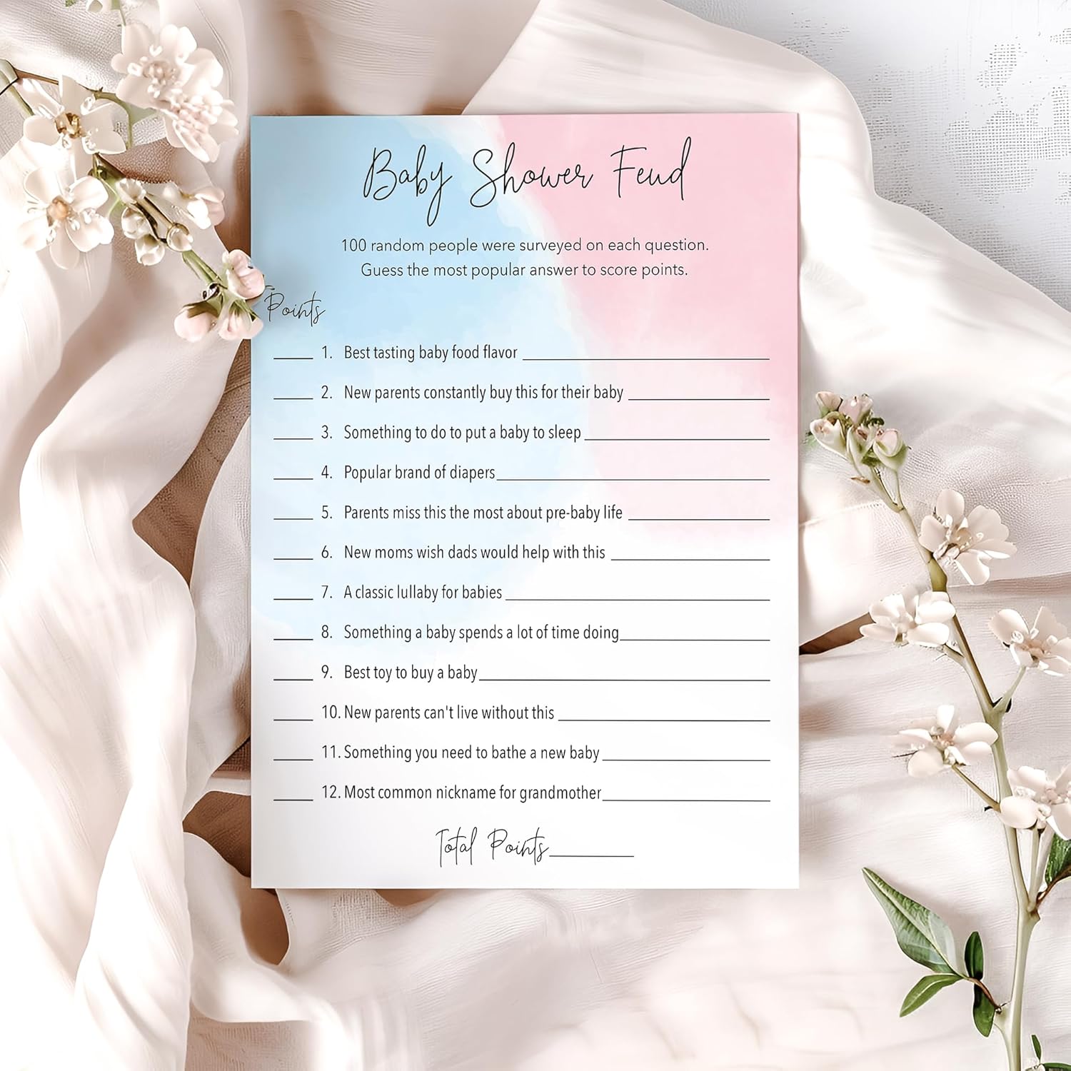 Gender Reveal Feud Game — Pack Of 25 — Fun Baby Shower Family Feud Games, Minimalist Theme Girl Or Bow, Blue Or Pink What Do You Think, Coed Couples Shower Fued Activity Party G752-Bsf