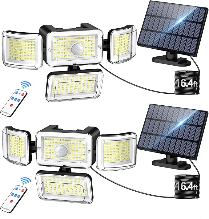 2 Pack 3500LM Solar Security Lights 288 LED IP67 Waterproof 4 Head Motion Sensor Flood Lights