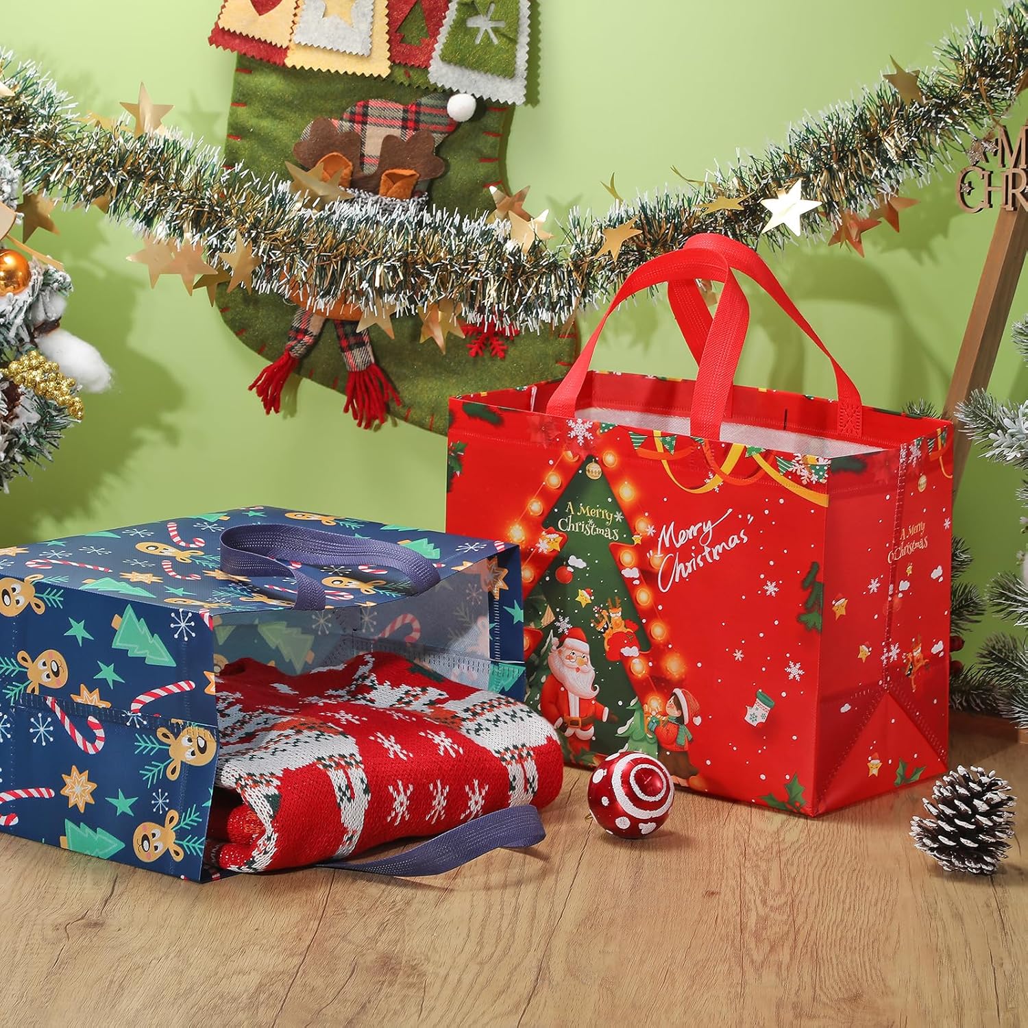 Christmas Gift Bags 36 Pack - Non-Woven Reusable Holiday Gift Bags With Handles, Jumbo Xmas Tote Bags For Christmas Party, Gift Wrapping, New Year Favors & Decorations (12.8X9.8X6.7 Inches)