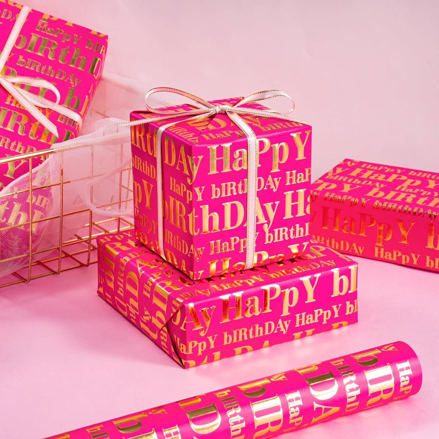 3D Kraft Birthday Wrapping Paper Roll - Mini Roll - 17 Inch X 16.5 Feet - Gold And Hot Pink Happy Birthday Wrapping Paper With Embossed Perfect For Girls Women, Holiday, Party