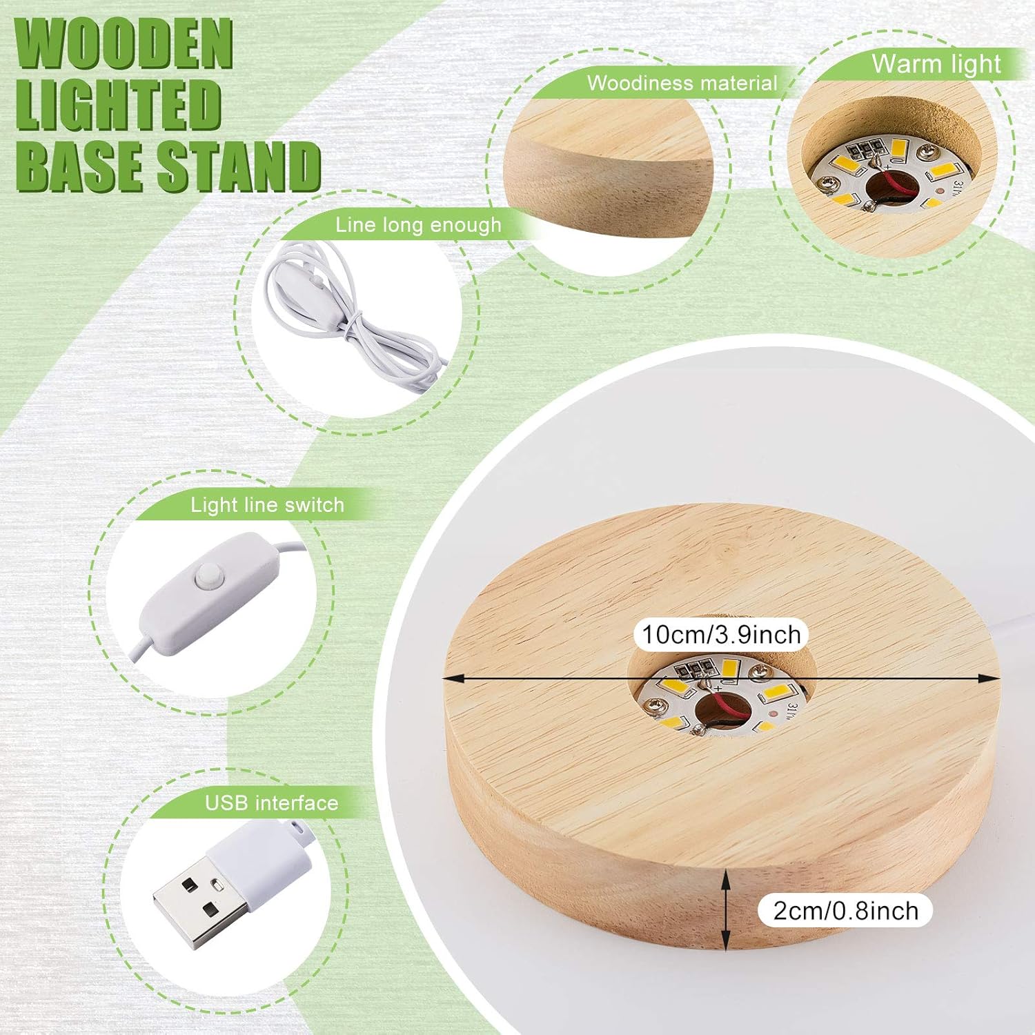 4 Pcs Led Display Base Wooden Led Base Wood Light Display For Crystal Lighted Stand For Glass 3D Glass Resin Art(Round)