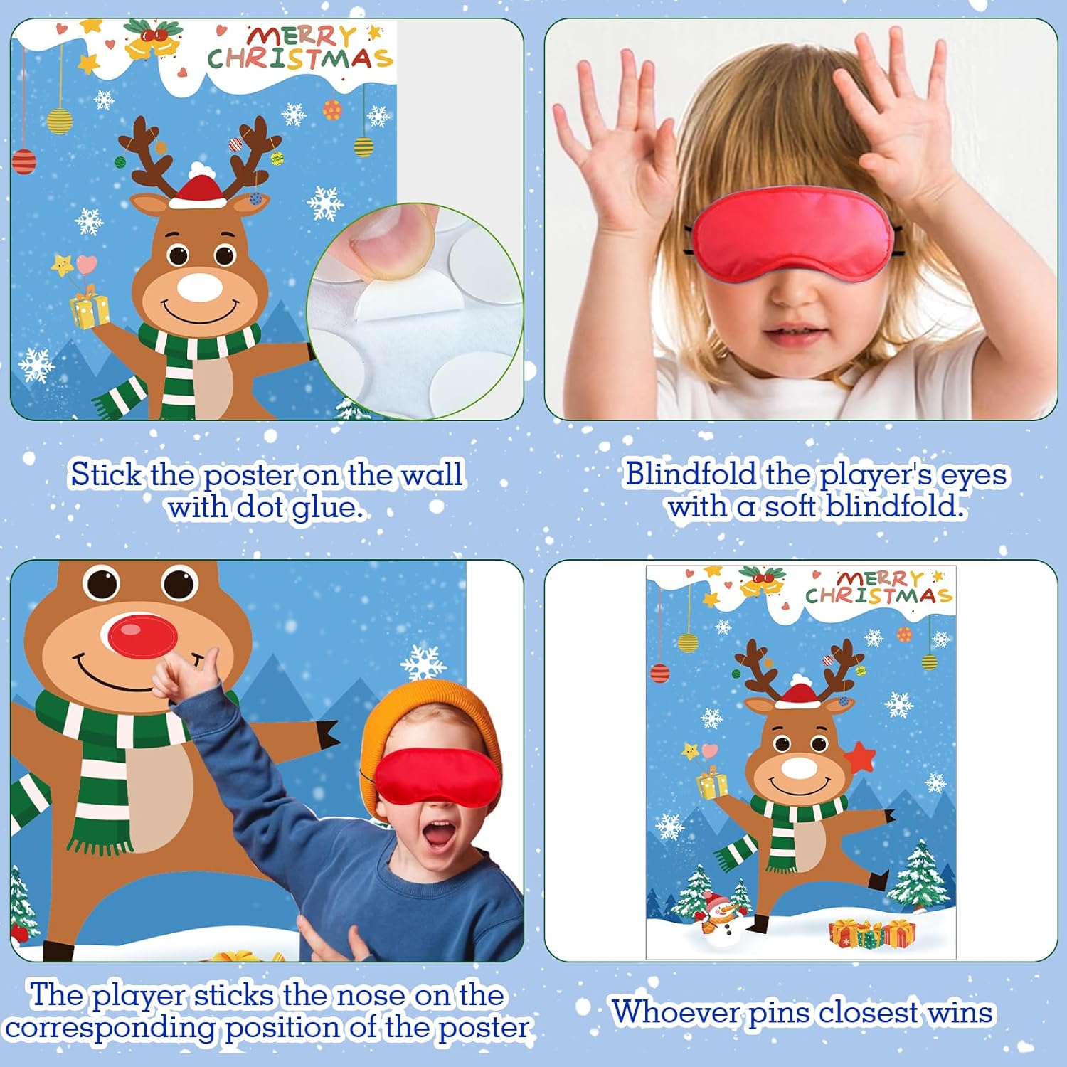 Fun Christmas Games: Pin The Nose On The Reindeer Set With 36 Noses Stickers And 2 Blindfolds - Perfect Holiday Activity For Adults And Family Party - Reusable Christmas Party Games For Adults