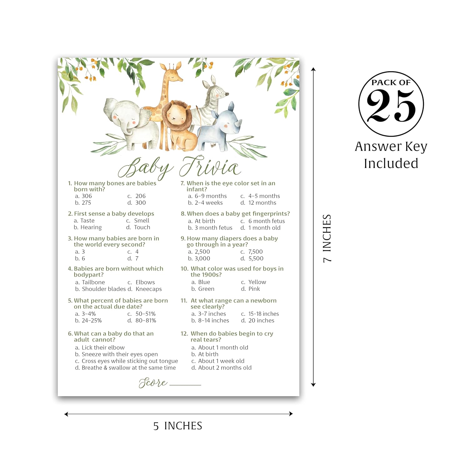Safari Animals Baby Shower Games — Baby Trivia Game — Pack Of 25, Country Rustic Jungle Theme, Welcome To The Wild Shower Gender Neutral Fun Baby Facts Game Couples Shower Activity G550-Trv