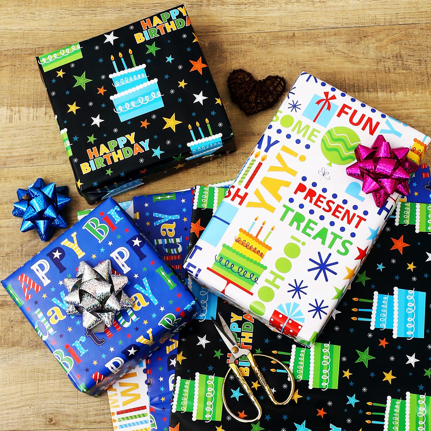 Birthday Wrapping Paper - Gift Wrapping Paper For Boys Girls Kids Men Women With Happy Birthday, Cakes, 6 Large Sheets Gift Wrap For Baby Shower, Folded Flat, 27 X 37 Inch
