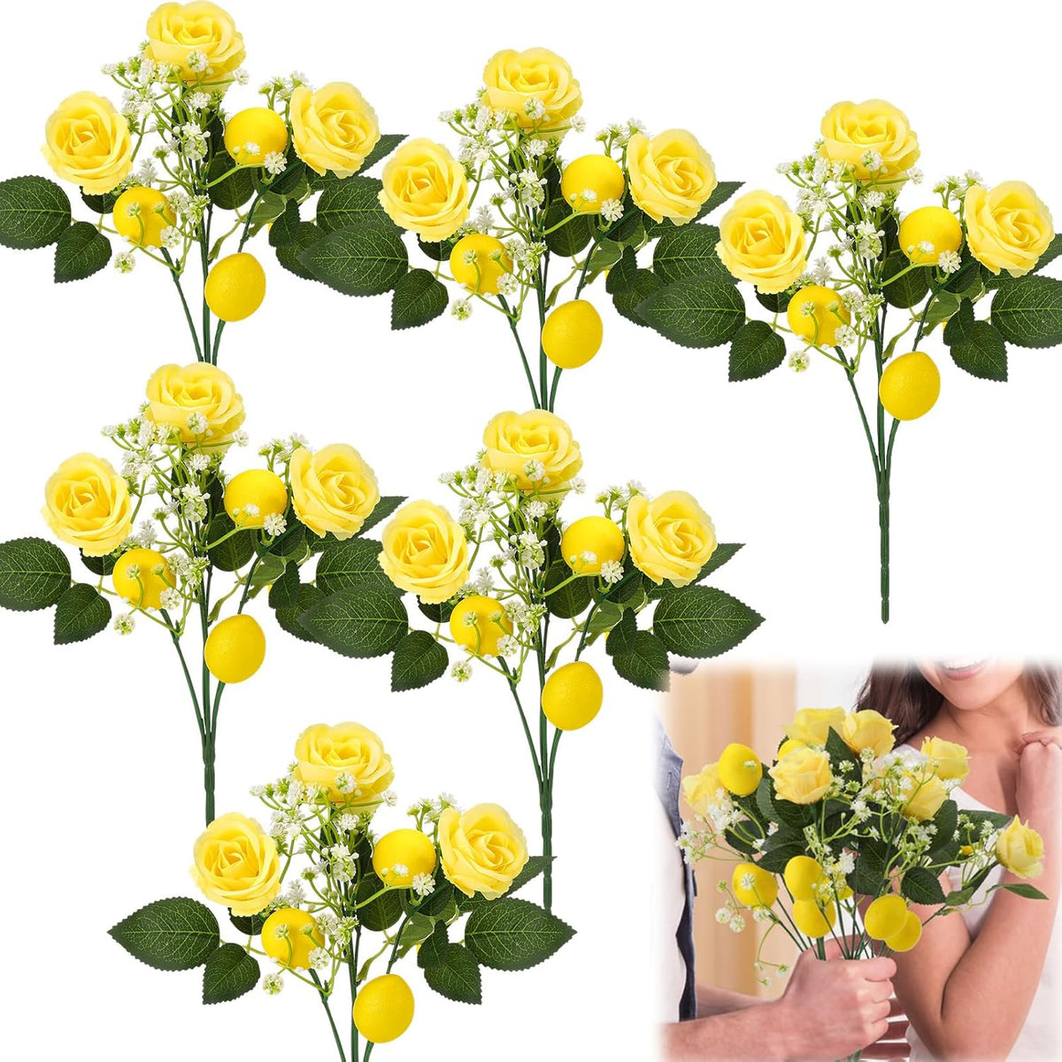 6 Pcs Valentines Day Floral Decorations 12'' Artificial Yellow Flower Picks Silk Rose Fake Lemon Decor Branches With Stem For Home Table Centerpiece Vase Farmhouse Summer Party Favors