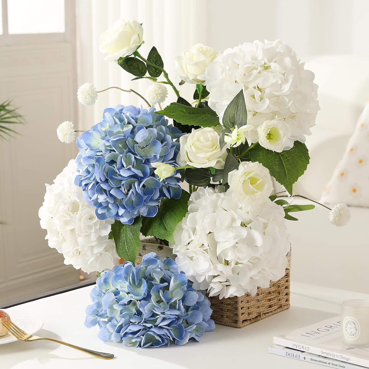 White Hydrangea Artificial Flowers - 3Pcs 22.44In Large Faux Hydrangea Flowers, Latex Real Touch Flowers Fake Hydrangeas For Home Decor Wedding Party Centerpieces Floral Arrangements