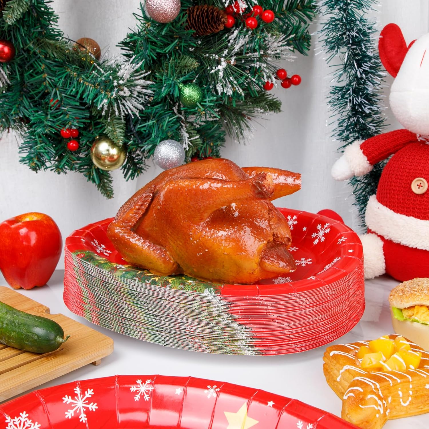 50Pack Christmas Paper Plates - Oval Paper Plates 10" X 12" For Party Supplies Christmas Trees Large Disposable Platter For Serving Tray Baby Shower Birthday