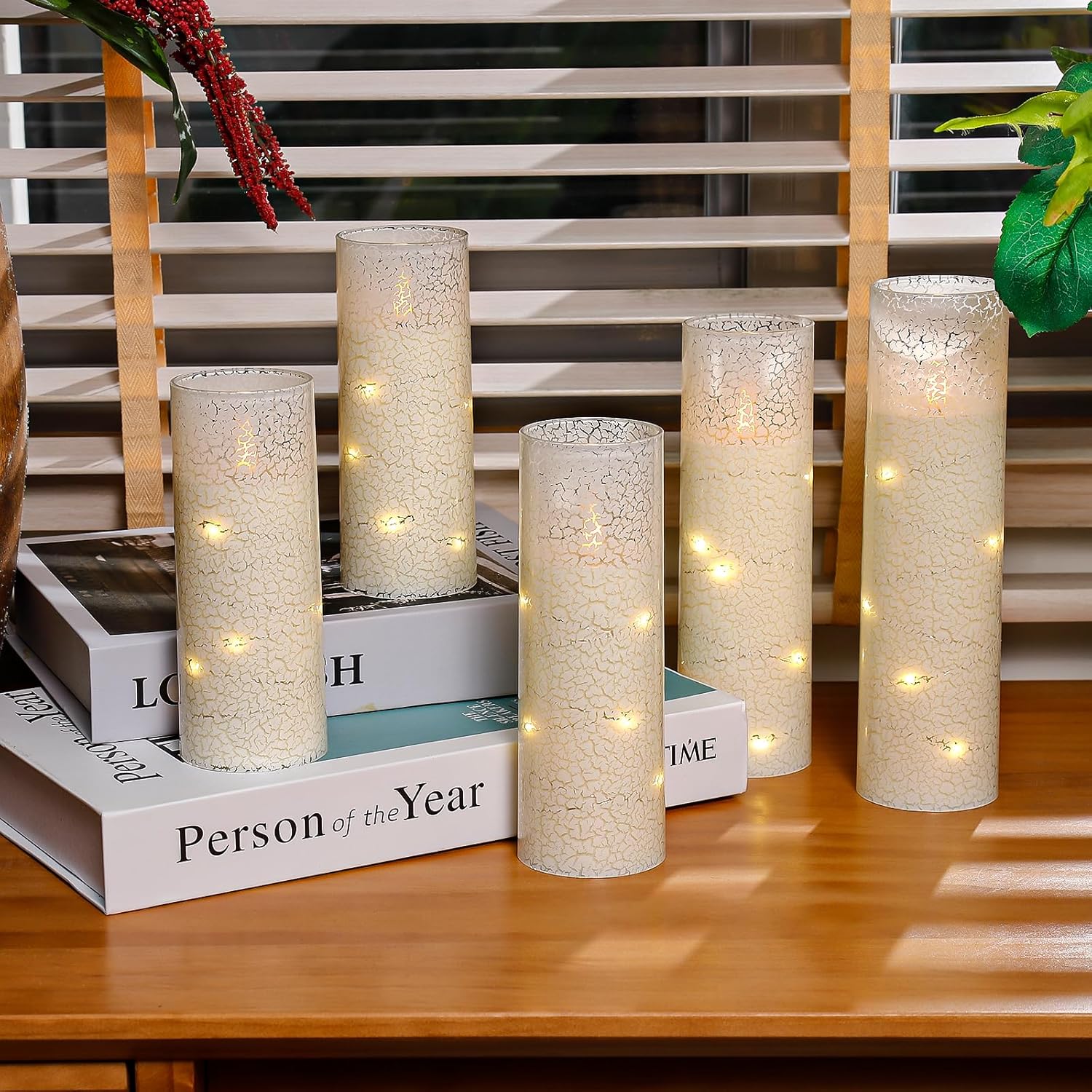 Flameless Led Pillar Candles With Remote Control And Timer, Battery Operated Flickering Electric Candles Set Of 5, Crackle Design For Home Decor Wedding Party(D2.2'' X H5''/5''/6''/7''/8'')
