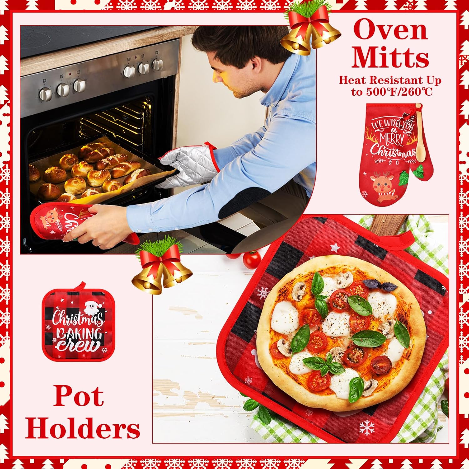 48 Pcs Christmas Kitchen Oven Mitts Set Pot Holders Holiday Baking Gift Set With Cookie Cutters Wooden Spoons Merry Christmas Santa Snowman For Xmas Kitchen Supplies Cooking Lover Presents