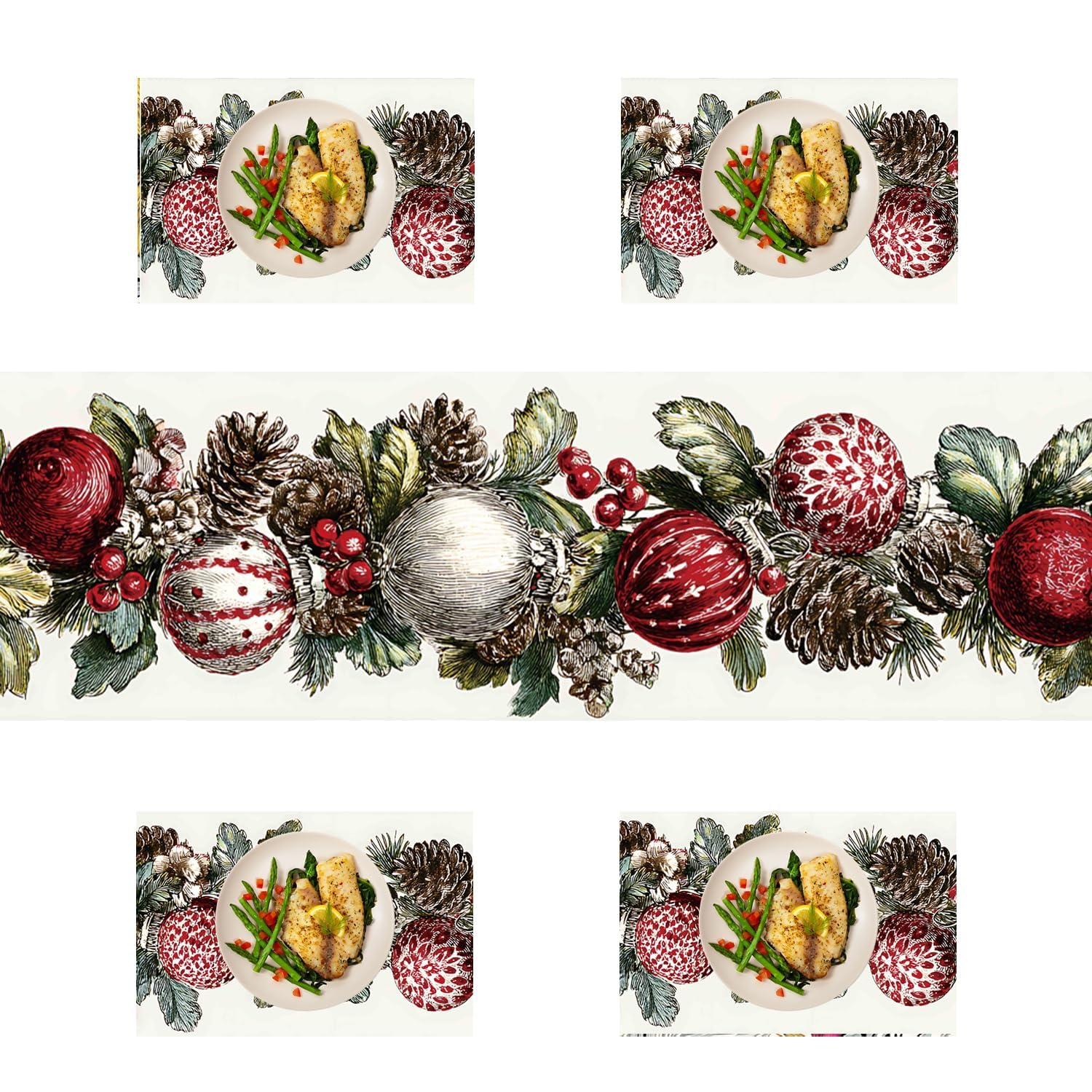 Elegant Christmas Table Runner And Placemats Set – 1 Runner & 4 Placemats – Festive Wreath Design With Red & White Baubles, Pinecones & Berries –Holiday Table Decor For Winter Dining & Christmas Party